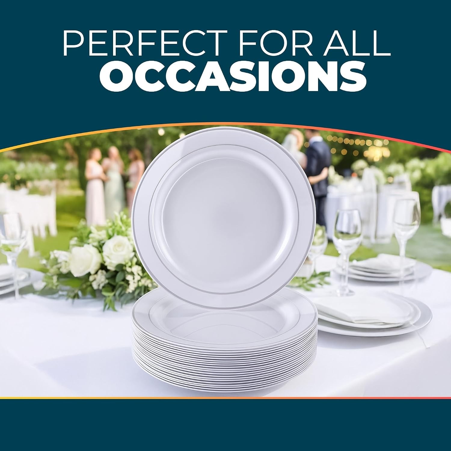 Glare Collection White/Silver Disposable Plastic Dessert Plates – 6″ (Pack of