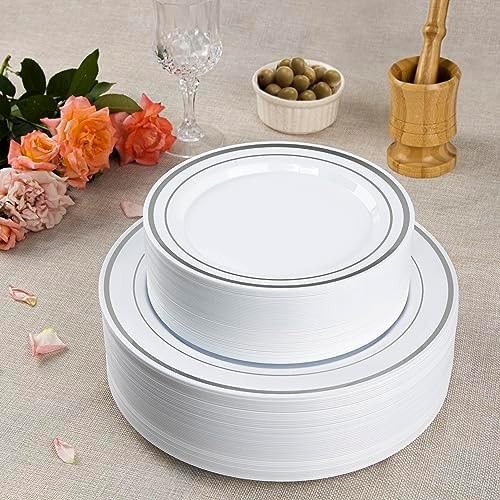 SETUP 100-Piece Silver Trim Plastic Dinnerware Set – 50 10.25″ Dinner & 50 7….
