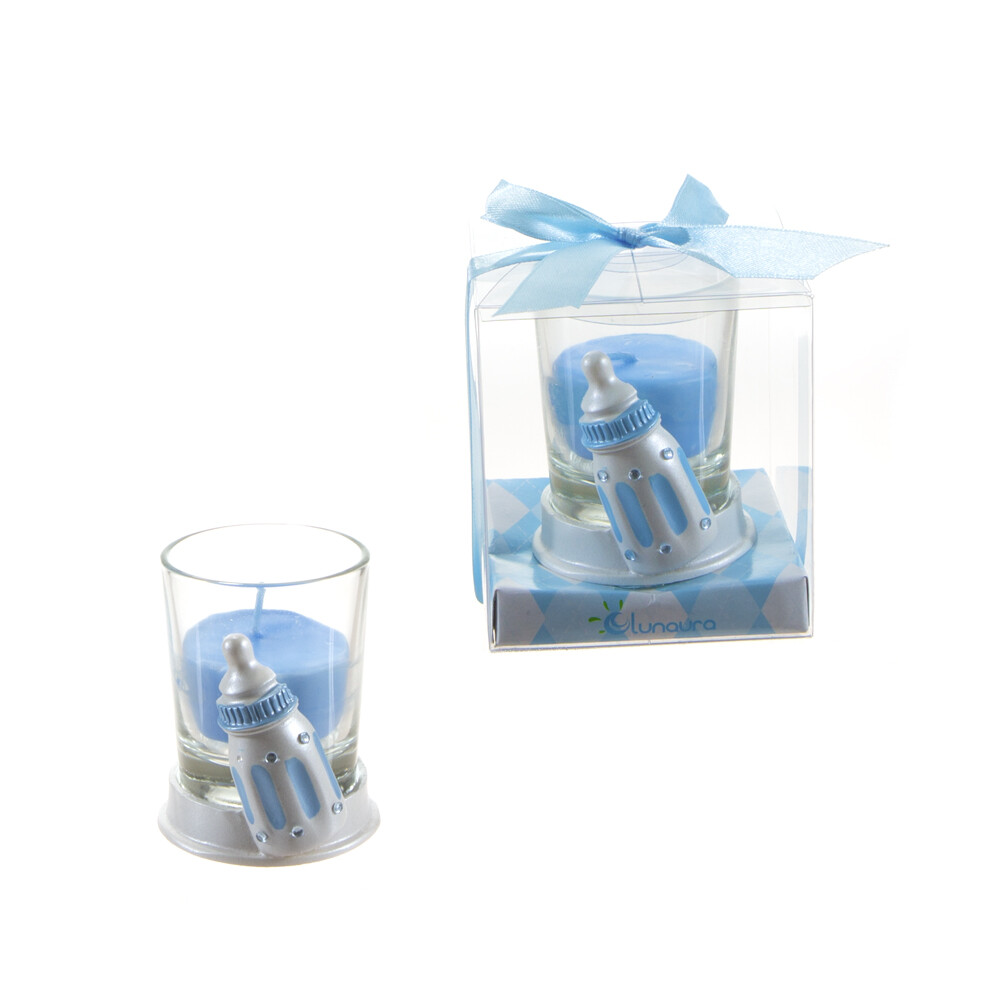 Mega Favors – Boy Baby Bottle Poly Resin Candle Set – Blue, 12PCS