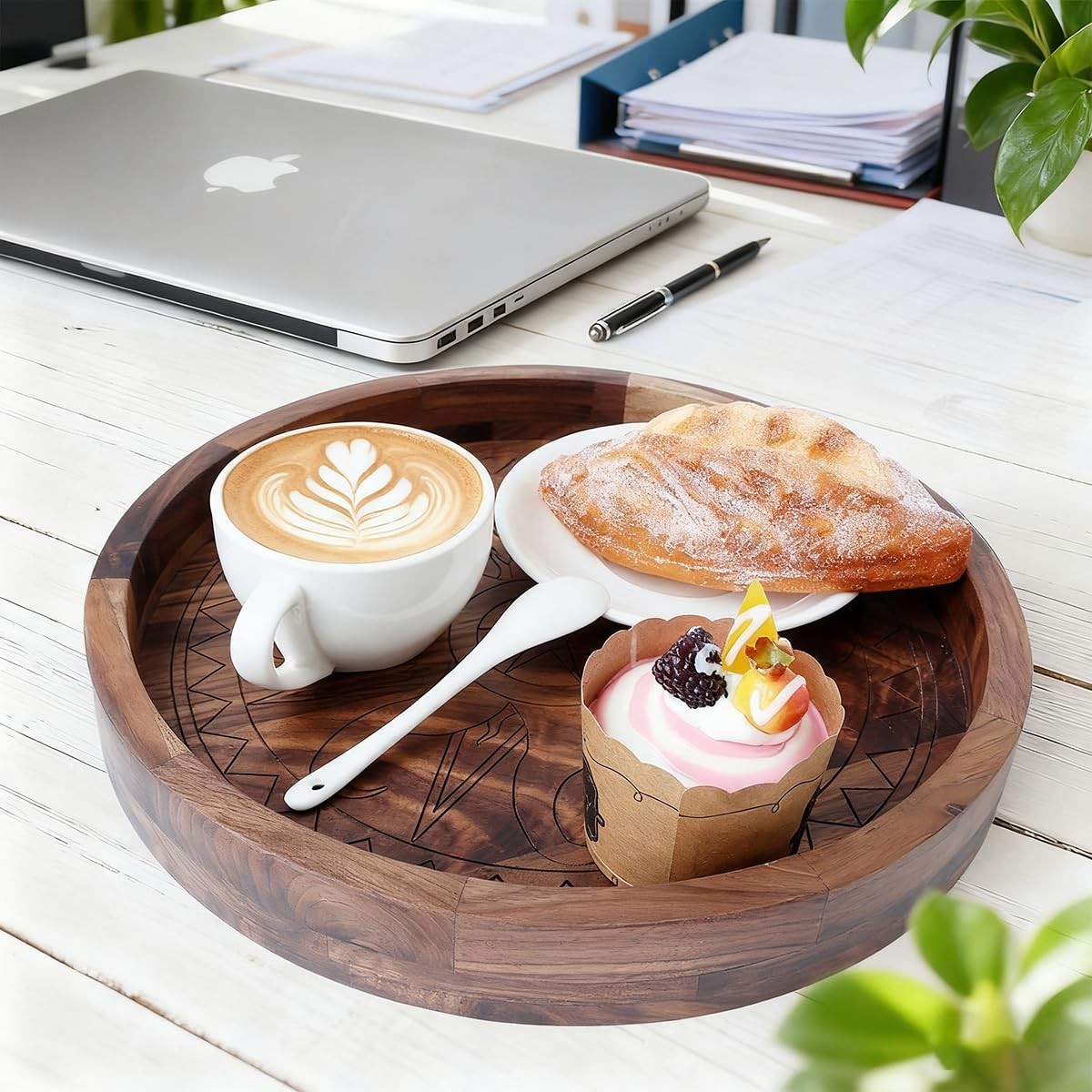 ORIGTRAY Walnut Tray, 12 Inches Ottoman Tray, Rustic Round Handcrafted Solid Woo