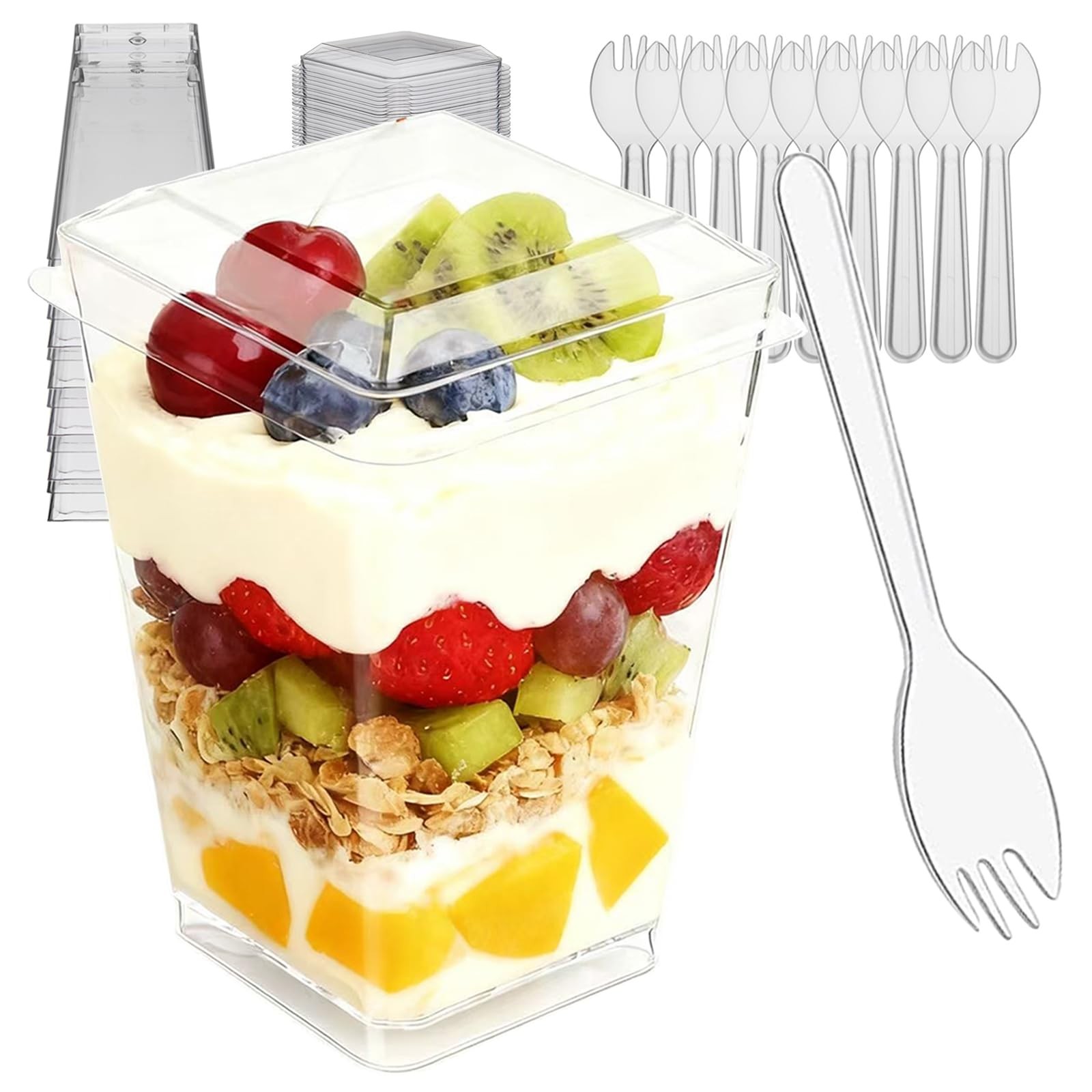 100 PCS Clear Dessert Cups With Lids Spoons Square Parfait 5.4 oz