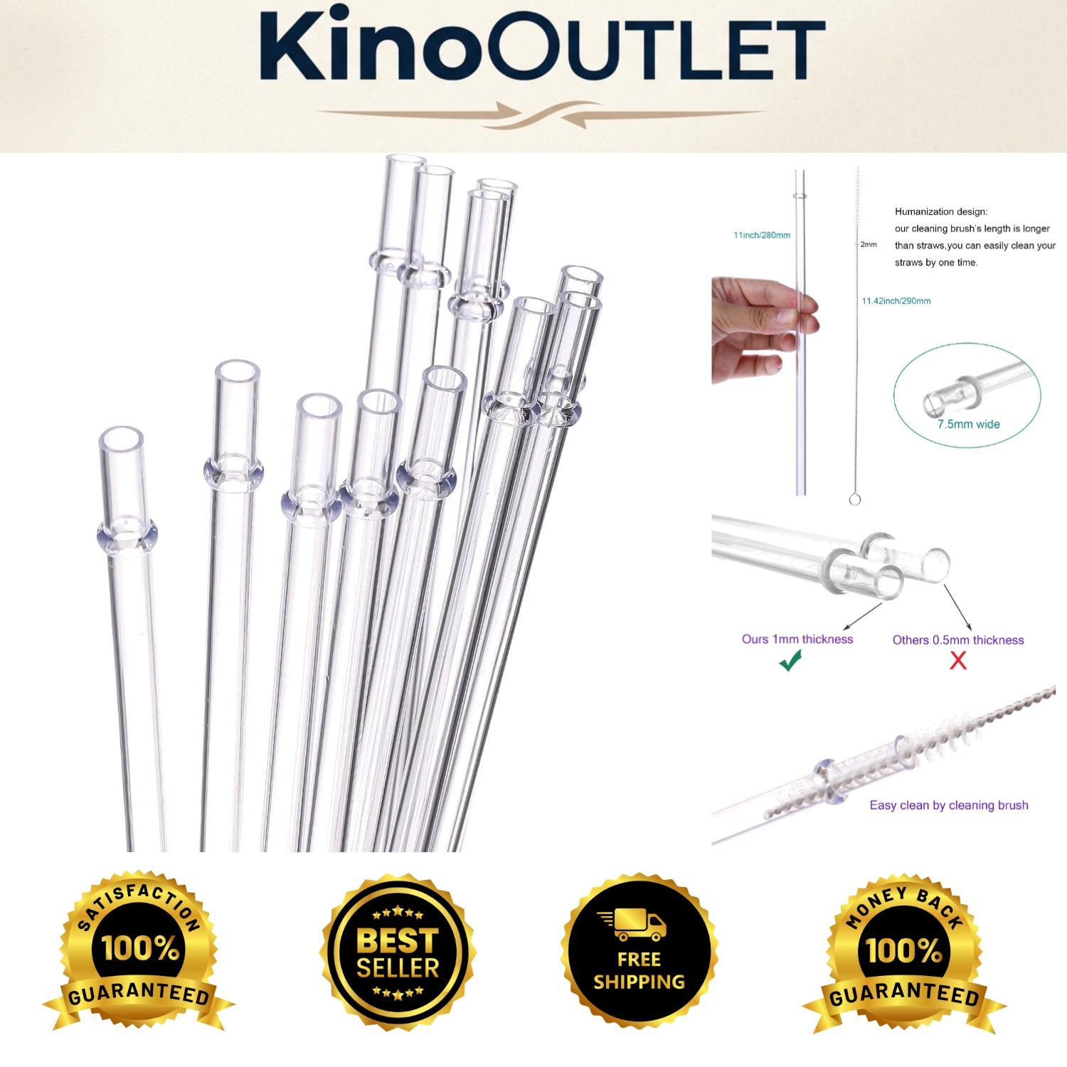 BPA-Free 11-Inch Extra Long Reusable Plastic Straws Set of 12 with Brush