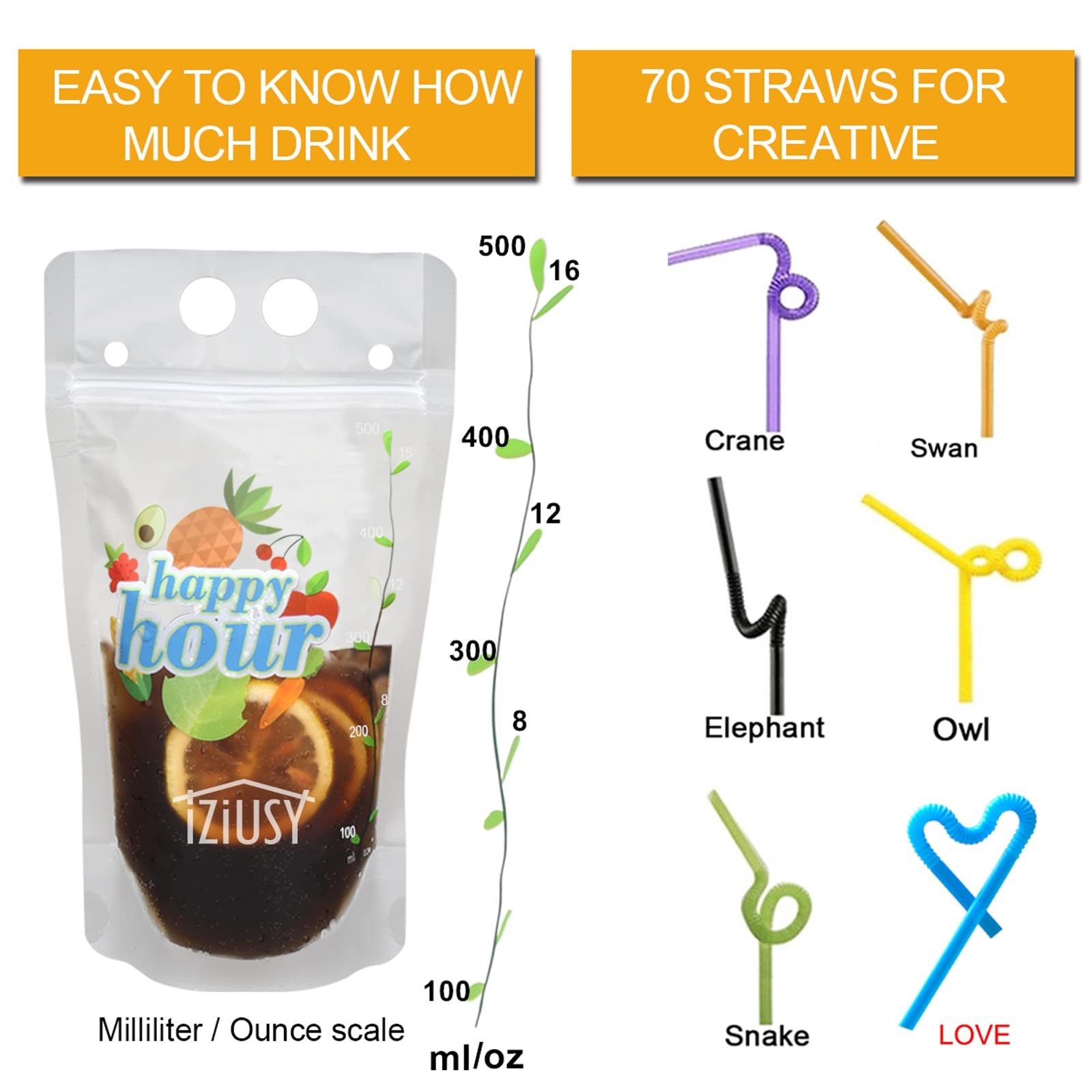 100 Pcs Zipper Plastic Pouches Drink Bags, Heavy Duty Hand-Held Translucent F…