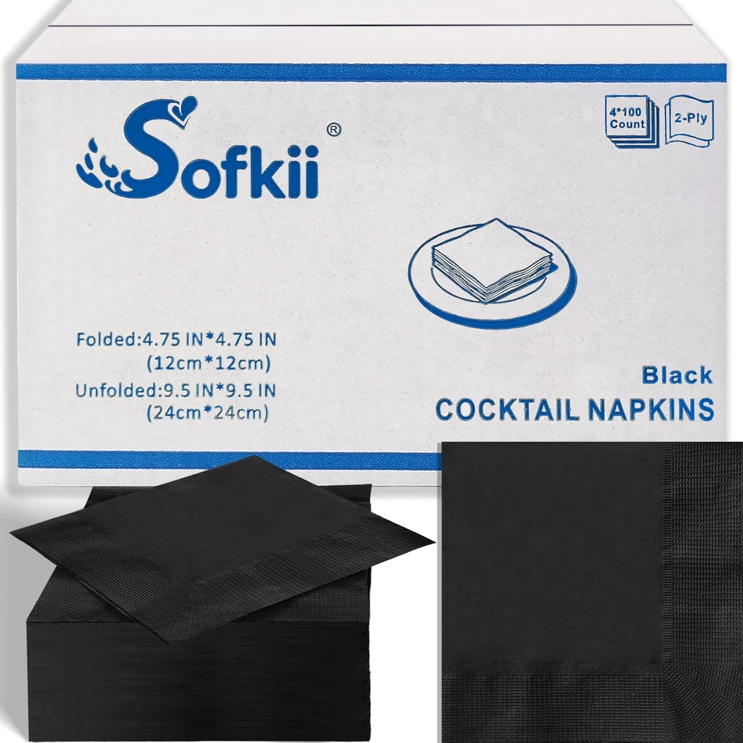 400 Count Black Cocktail Napkins, 4.75×4.75 Inch 2-Ply Disposable Paper Napkins,