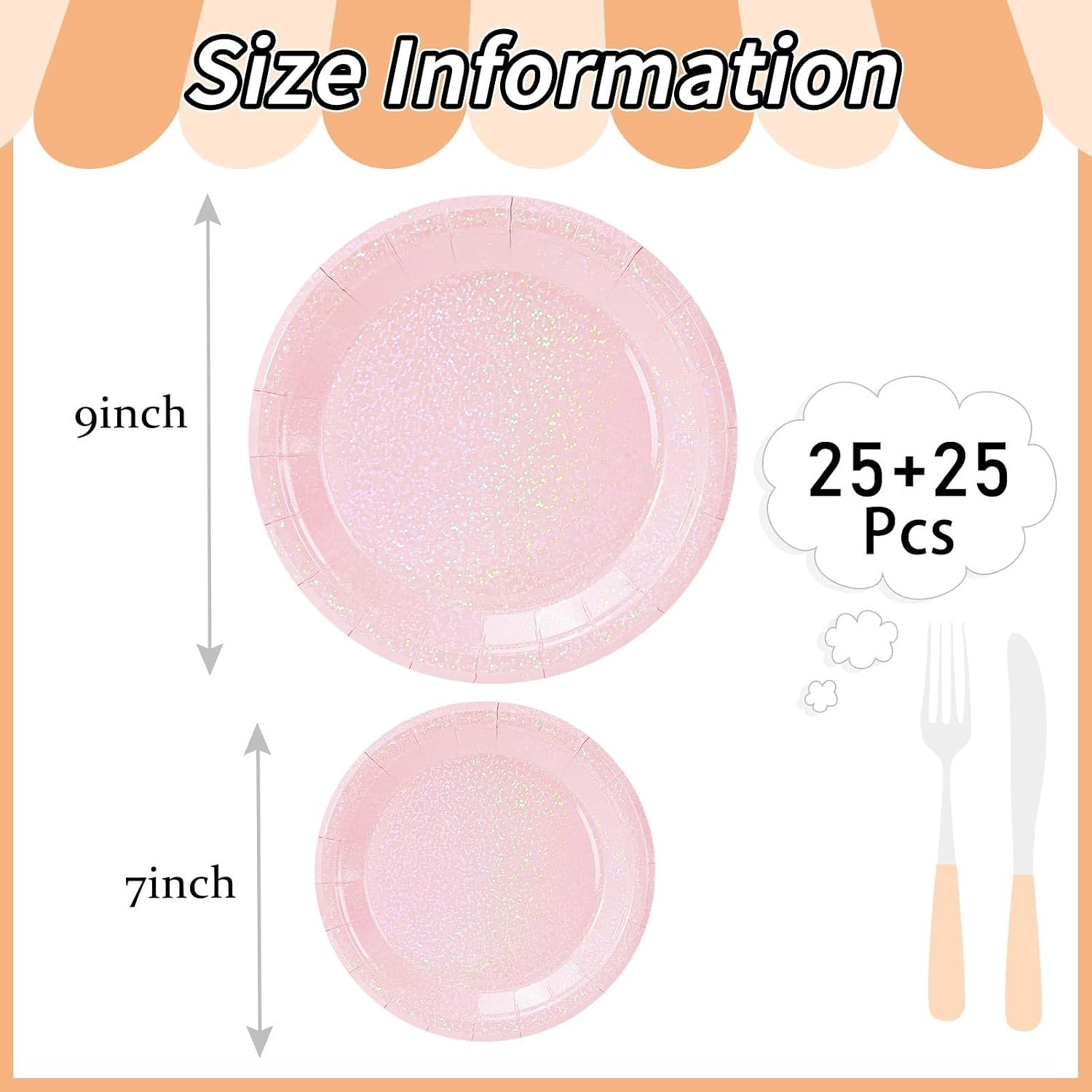 50 Pcs Iridescent Light Pink Paper Plates 25 × 7” and 25 × 9” Disposable Pink