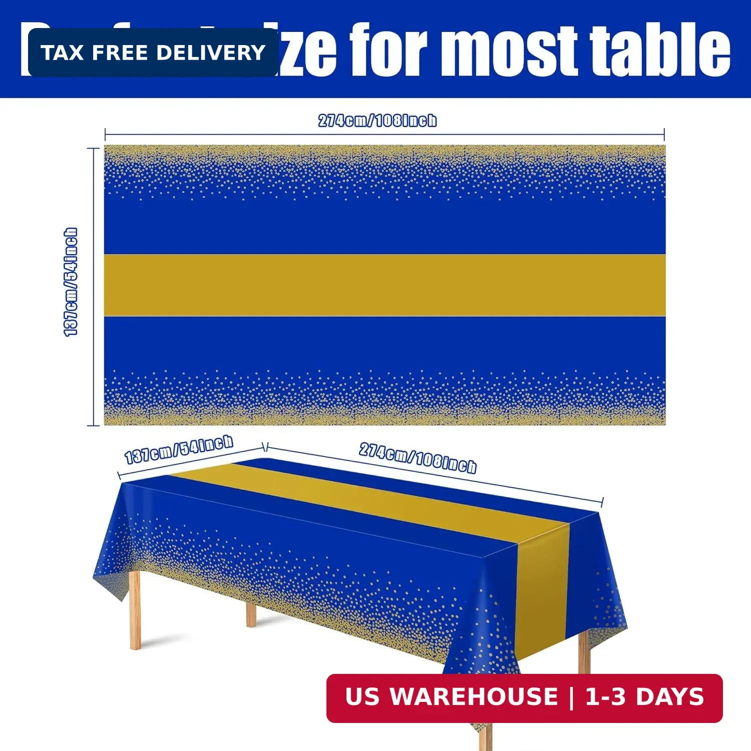 OHOME 4 Pack Disposable Plastic Table Cloths for Parties,Royal Blue and Gold Rec