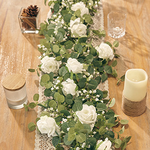 5.91FT Artificial Eucalyptus Garland with Flowers, Fake Rose Gypsophila Garland,