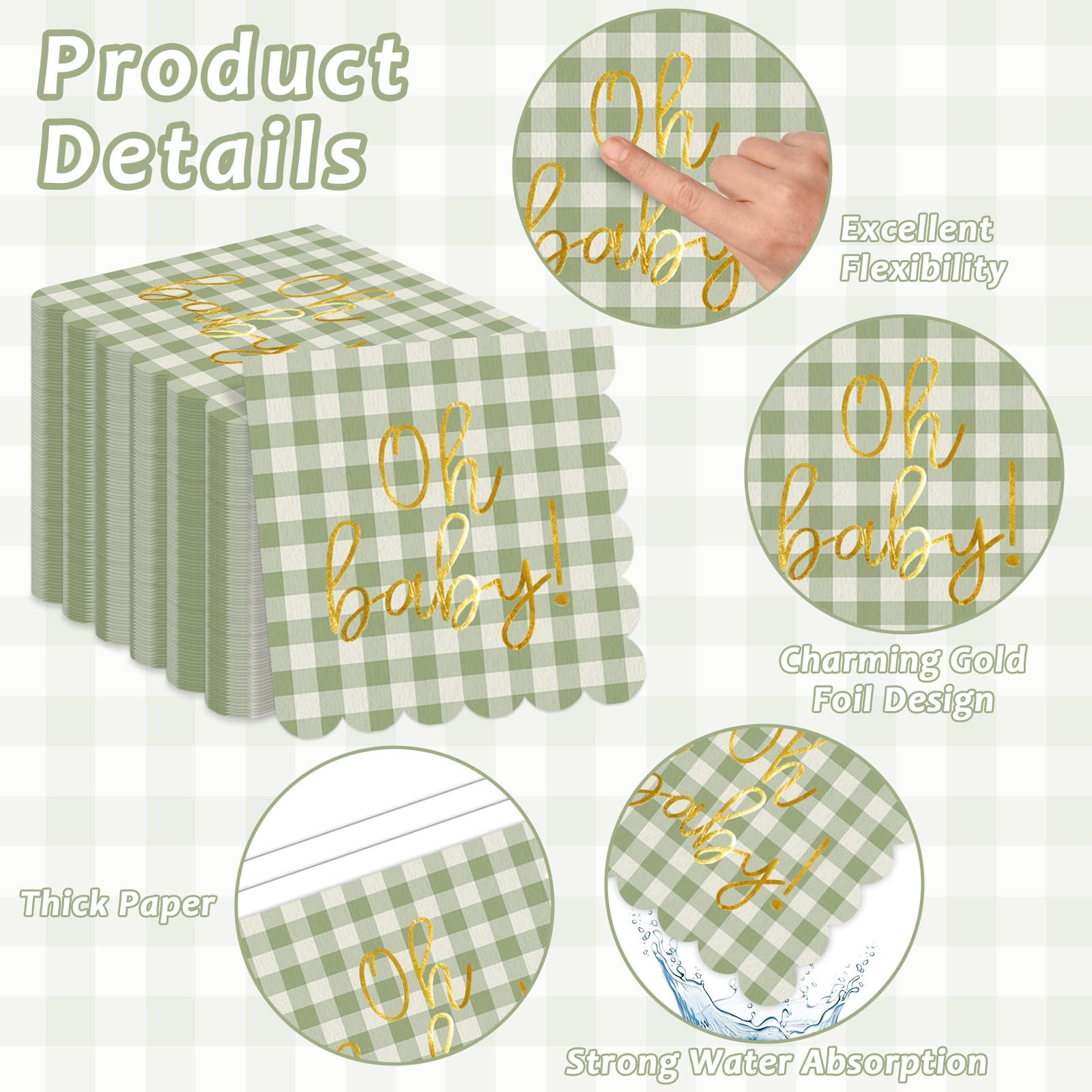 96PCS Sage Green Baby Shower Decorations Gold Sage Green Checkered Plates Sca…