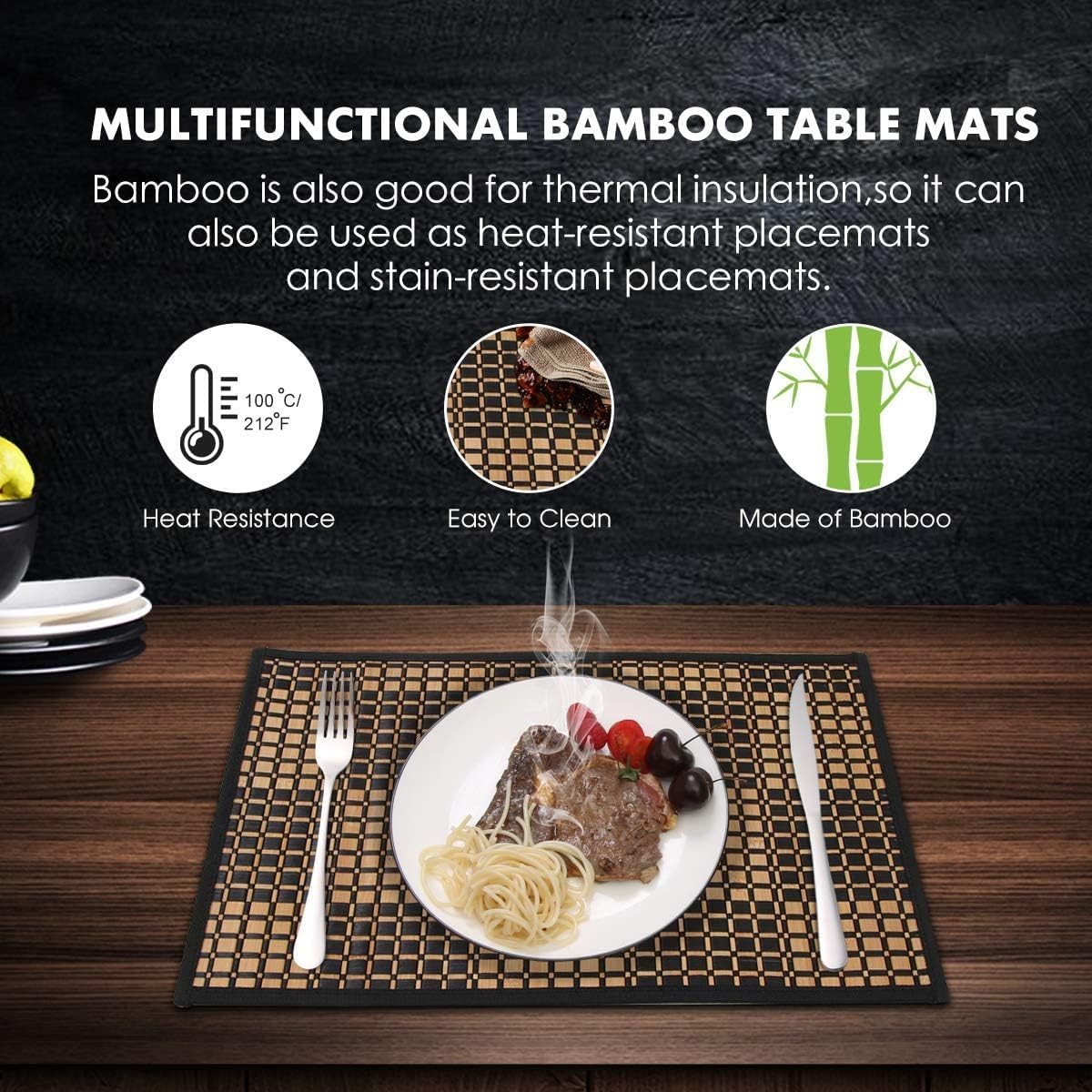 Bamboo Placemats for Dining Table, Set of 11.5*17.5inch, Black