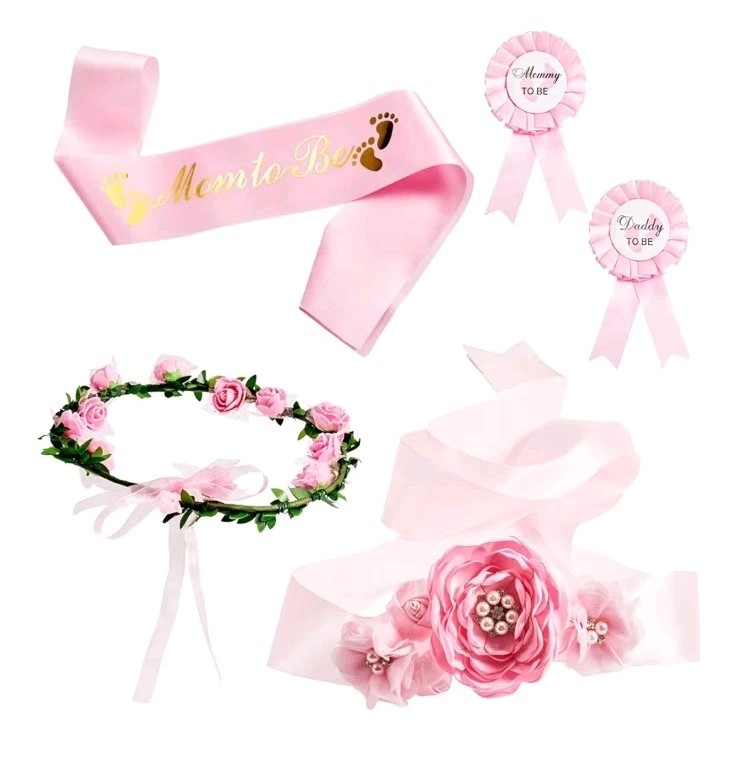 5 Pc Pink Maternity Sash Set Daddy and Mommy to be Corsage Pin Baby Shower