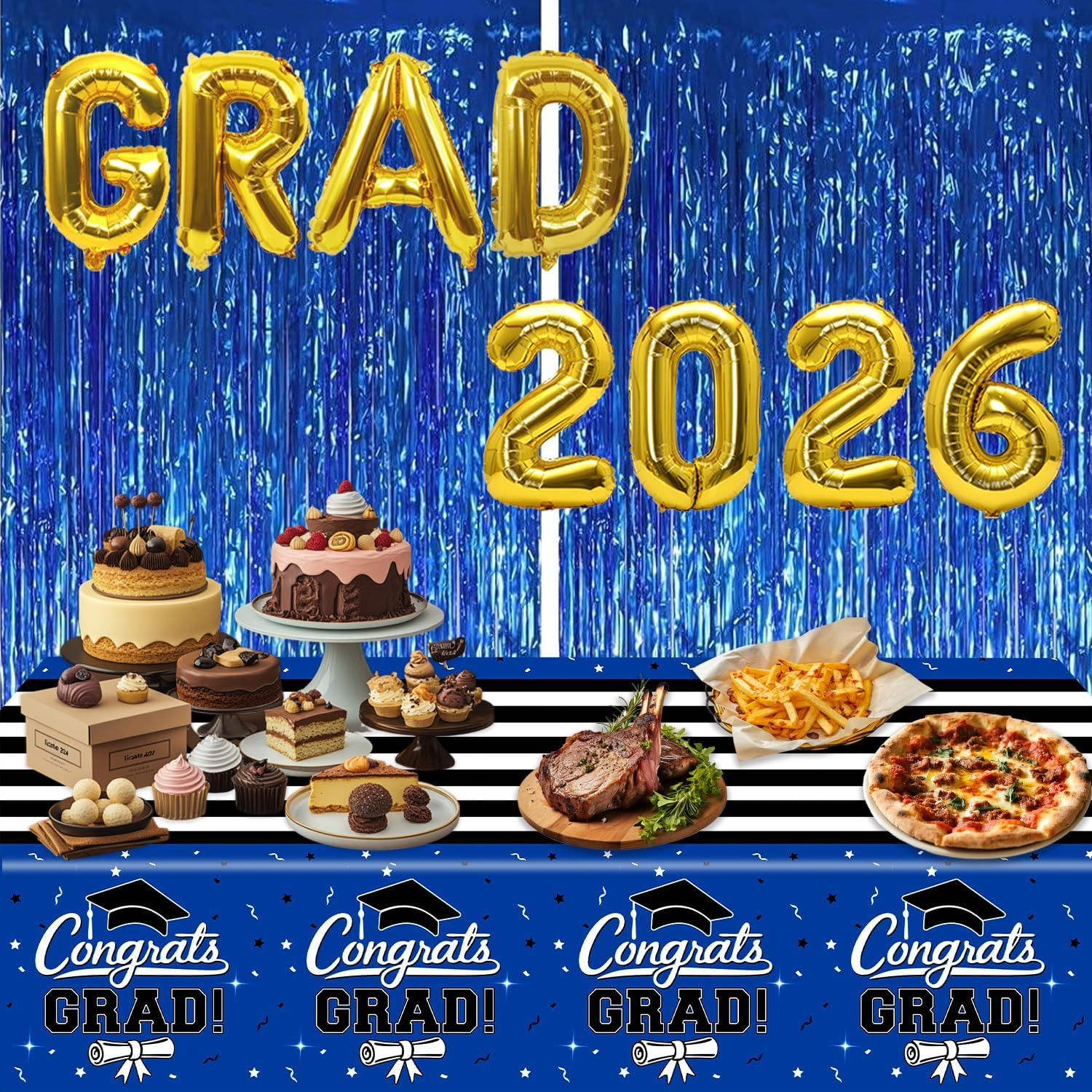 7-Pack Graduation Party Decorations Set, 3 Blue Graduation Tablecloths 54X108In,