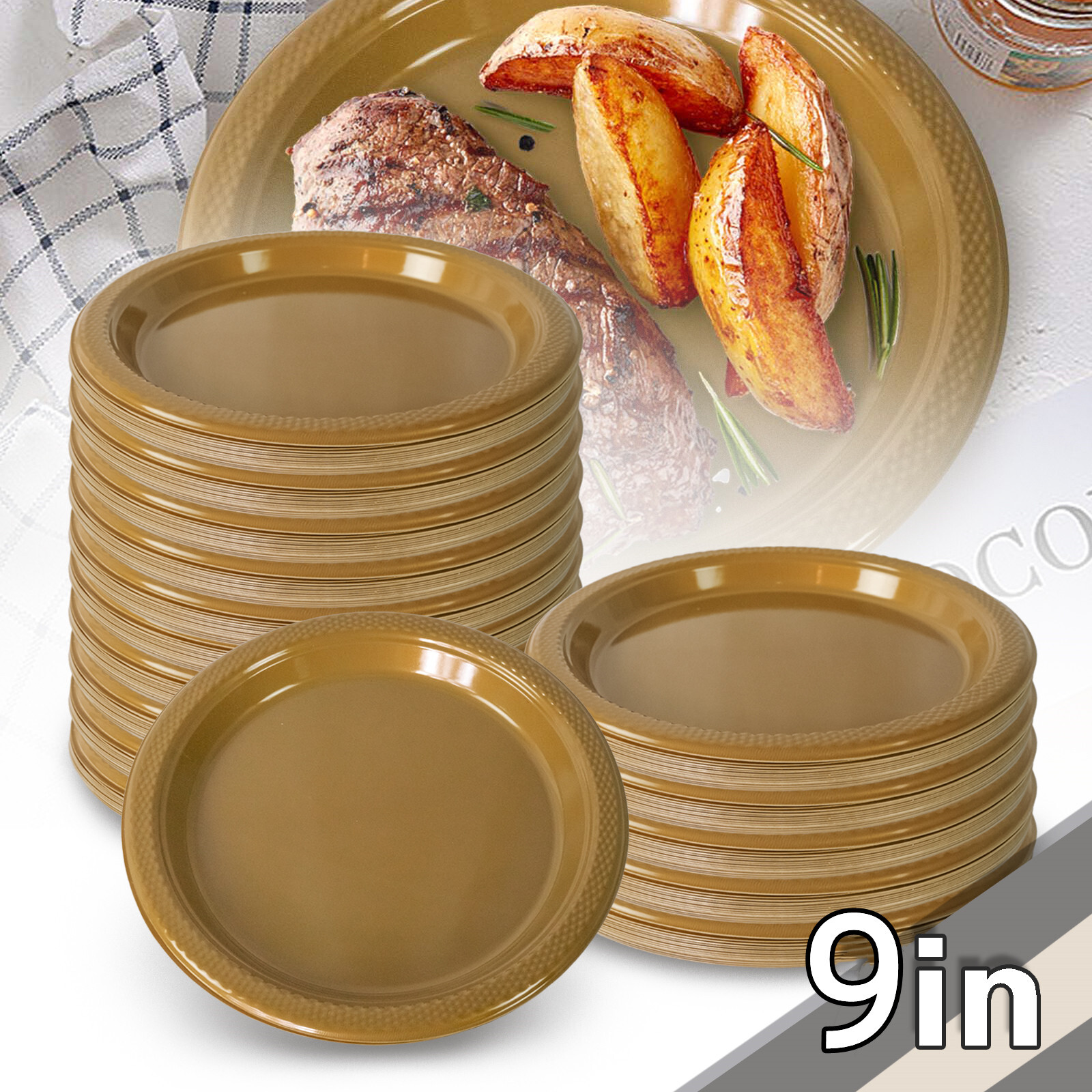 Plasticpro 9 inch Round Plastic Plates Microwaveable Disposable Gold Dinnerware
