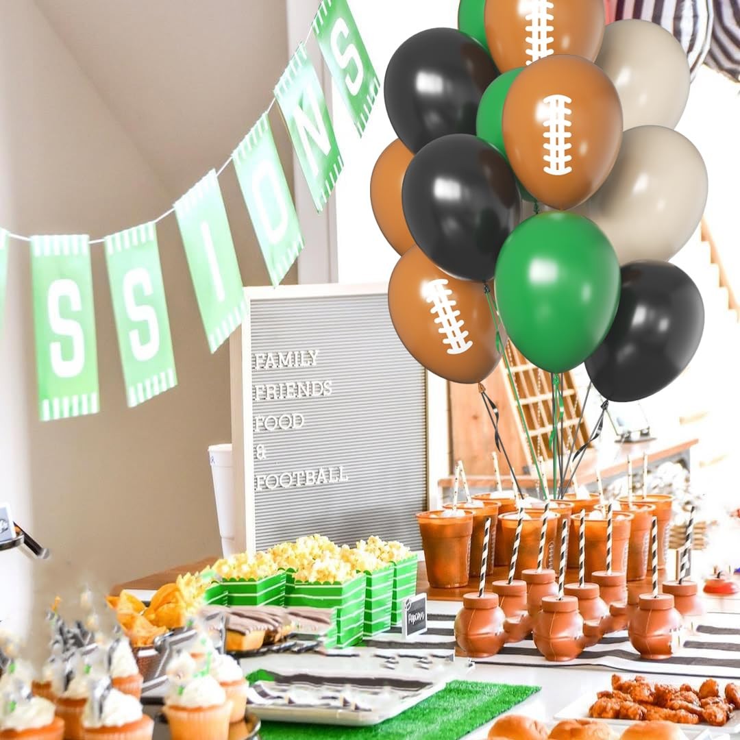 Football Balloons, 12 Inch Dark Green Black Sand with Brown Printed Sports La…