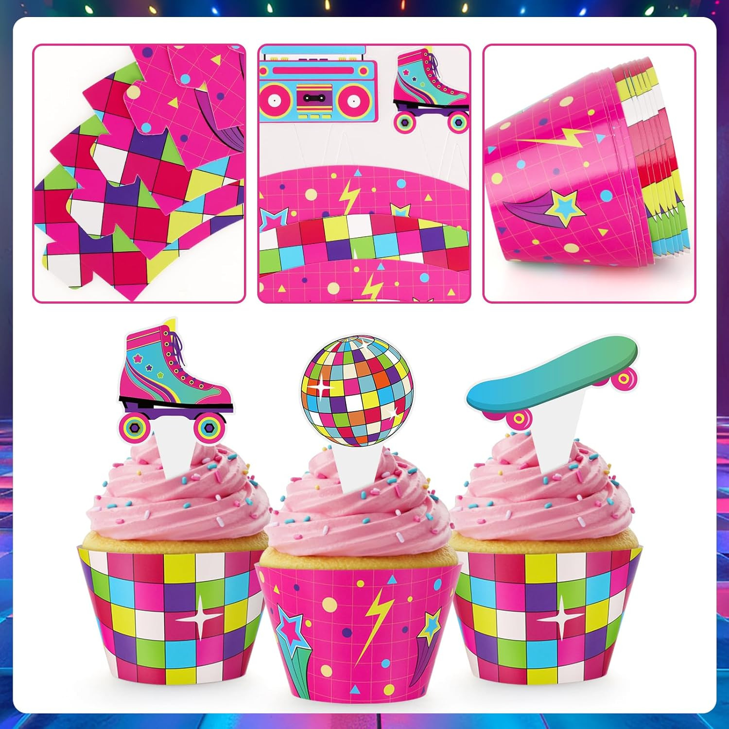 48 Pack Retro Cupcake Toppers and Wrappers, Retro Neon Party Cake Decoration for
