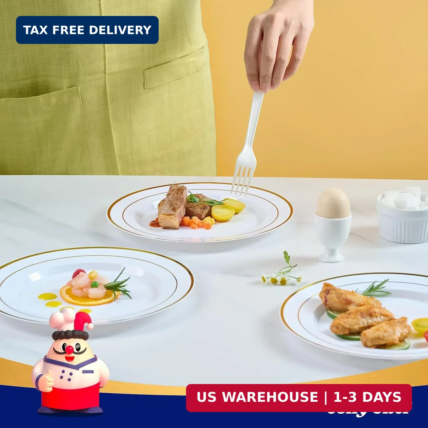 JOLLY CHEF 100 Pieces Gold Plastic Plates, 10 Inch Elegant Disposable Dinner Whi