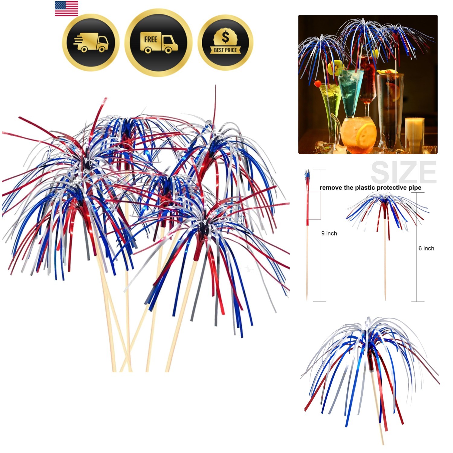 100 Counts 6 Inch Firework Cocktail Picks Red White Blue Firework Party Picks…