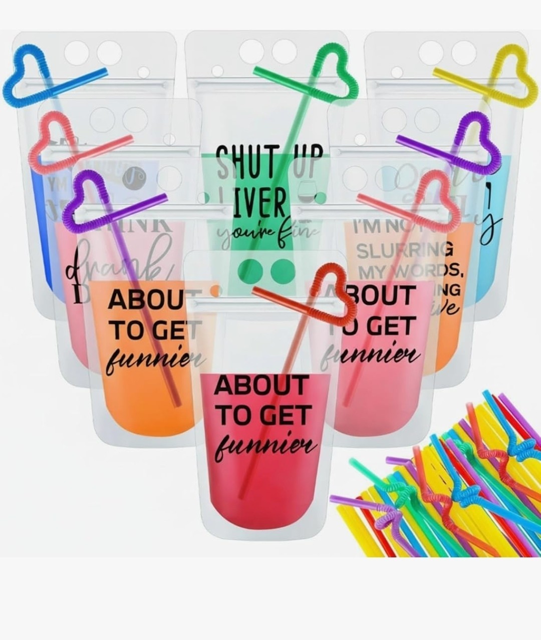 24 Reusable BPA-Free Drink Pouches + 24 Straws Leak-Proof Resealable Party