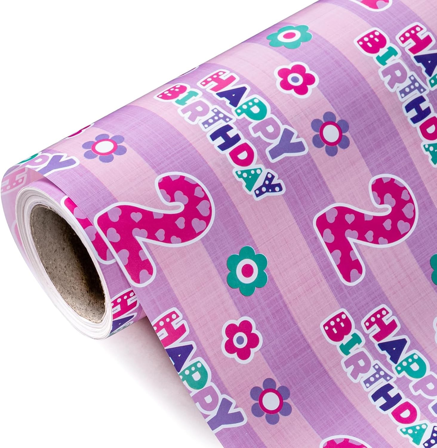 2nd Birthday Wrapping Paper – Mini Roll – 17 Inch x 9.8 Feet – Pink Floral and