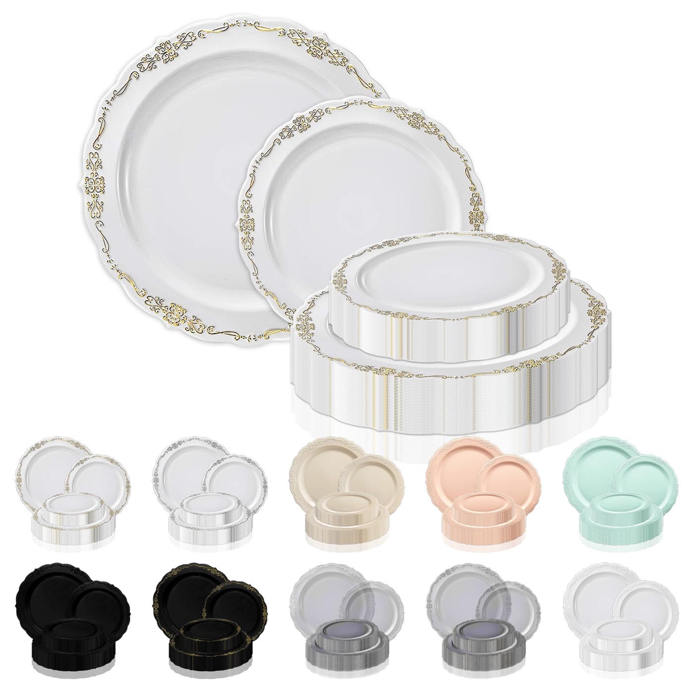 Elegant Vintage Disposable Plastic Plates Wedding Party Value Sets 120 PCS