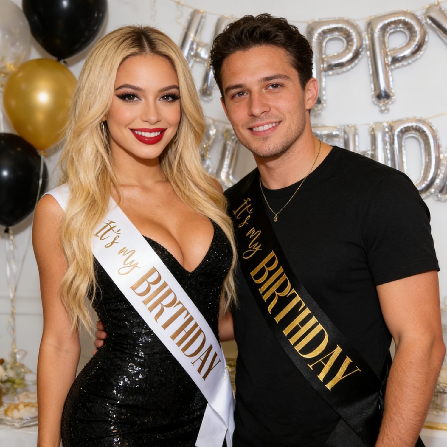 Elegant 2 Pack Birthday Sashes for Men and Women with Gold/Rose Gold Lettering