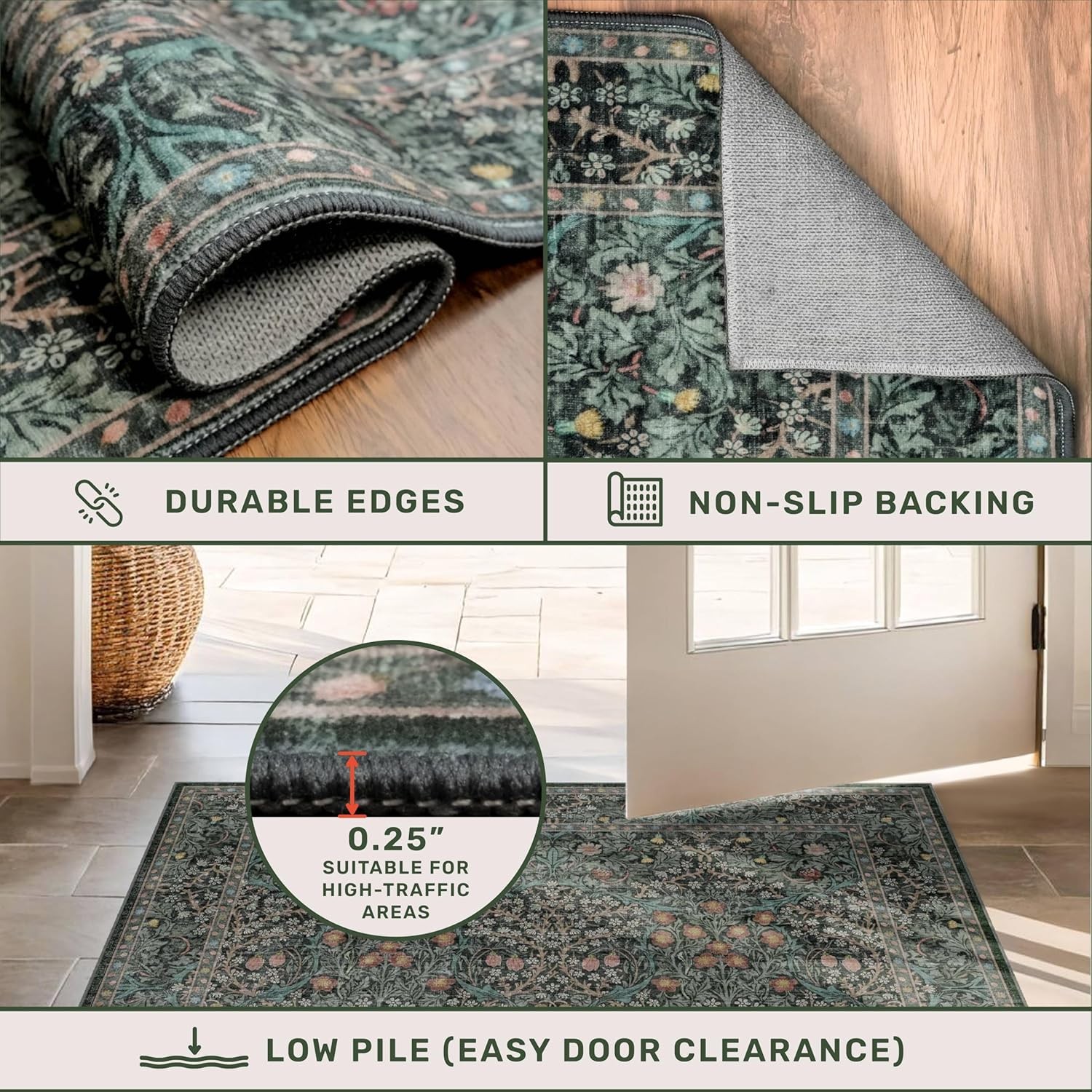 Non Slip 2×6 Kitchen Runner Rug 2′ x 6′ (Runner), Dark Green / Black