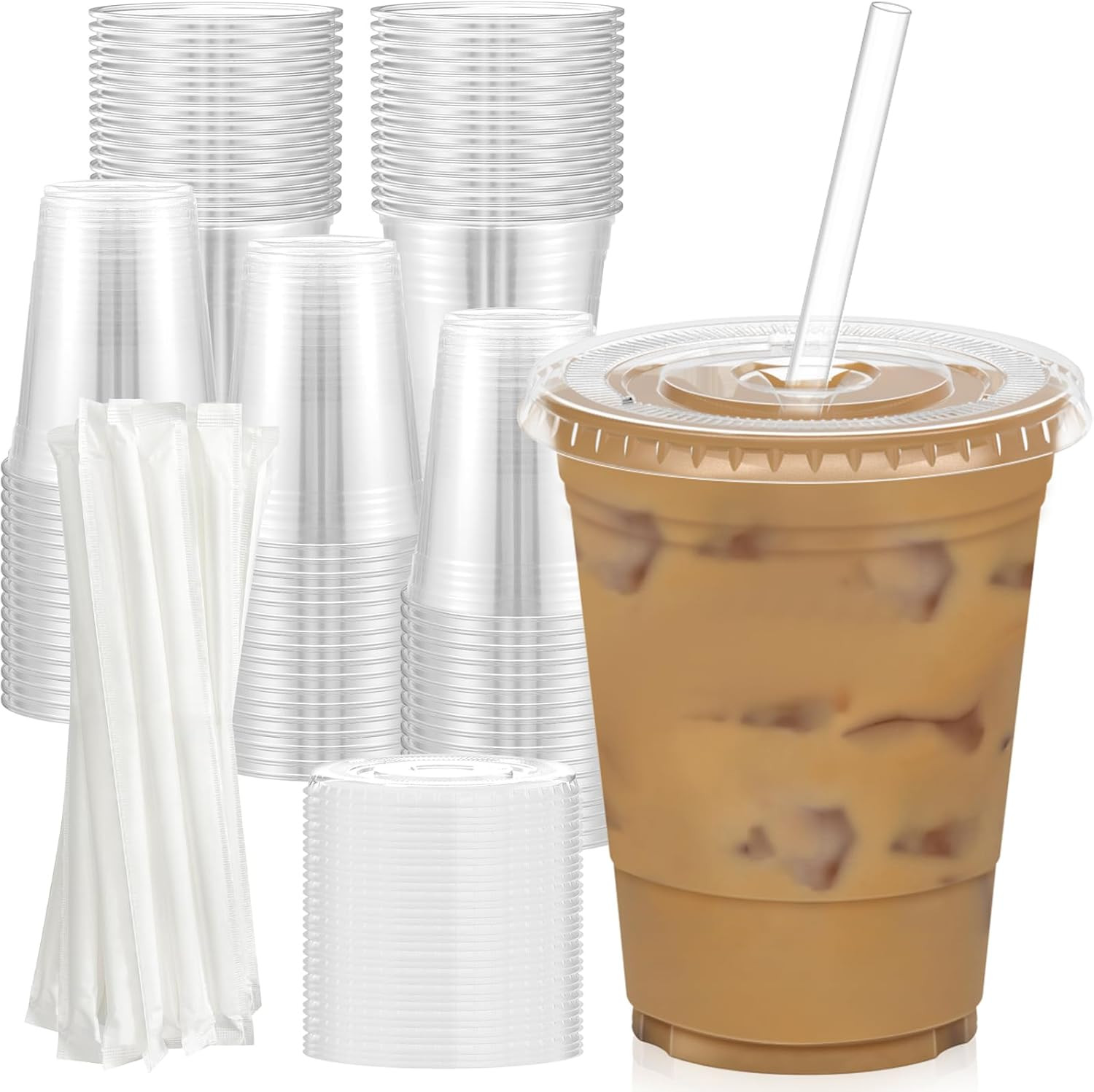 100 Pack – 20 Oz Clear Plastic Cups with Lids and Straws, Sturdy & Food Safe Ice