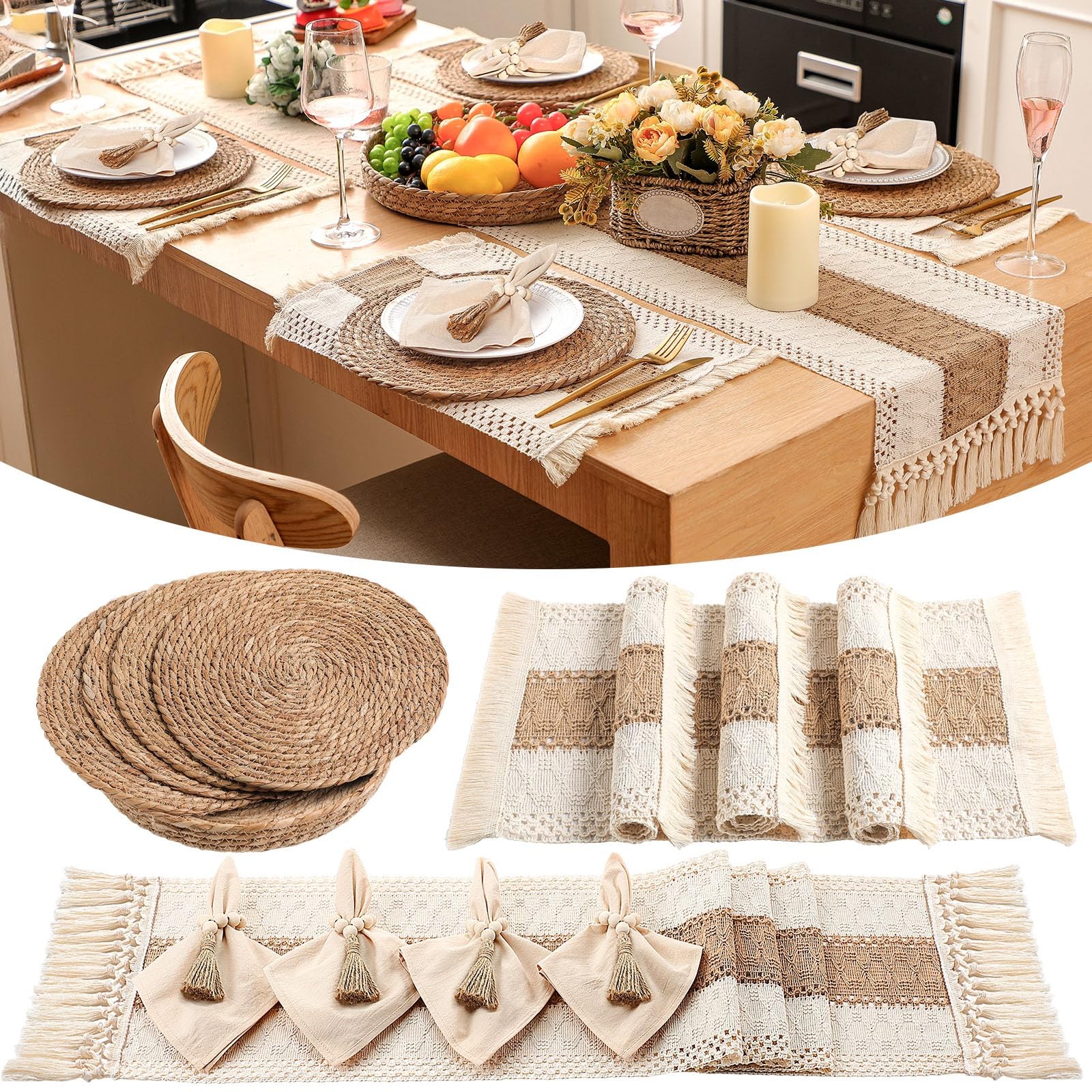 Gandeer 4 Sets Boho Placemats Round Woven Placemats, Cloth Napkins, Wood Bead Na