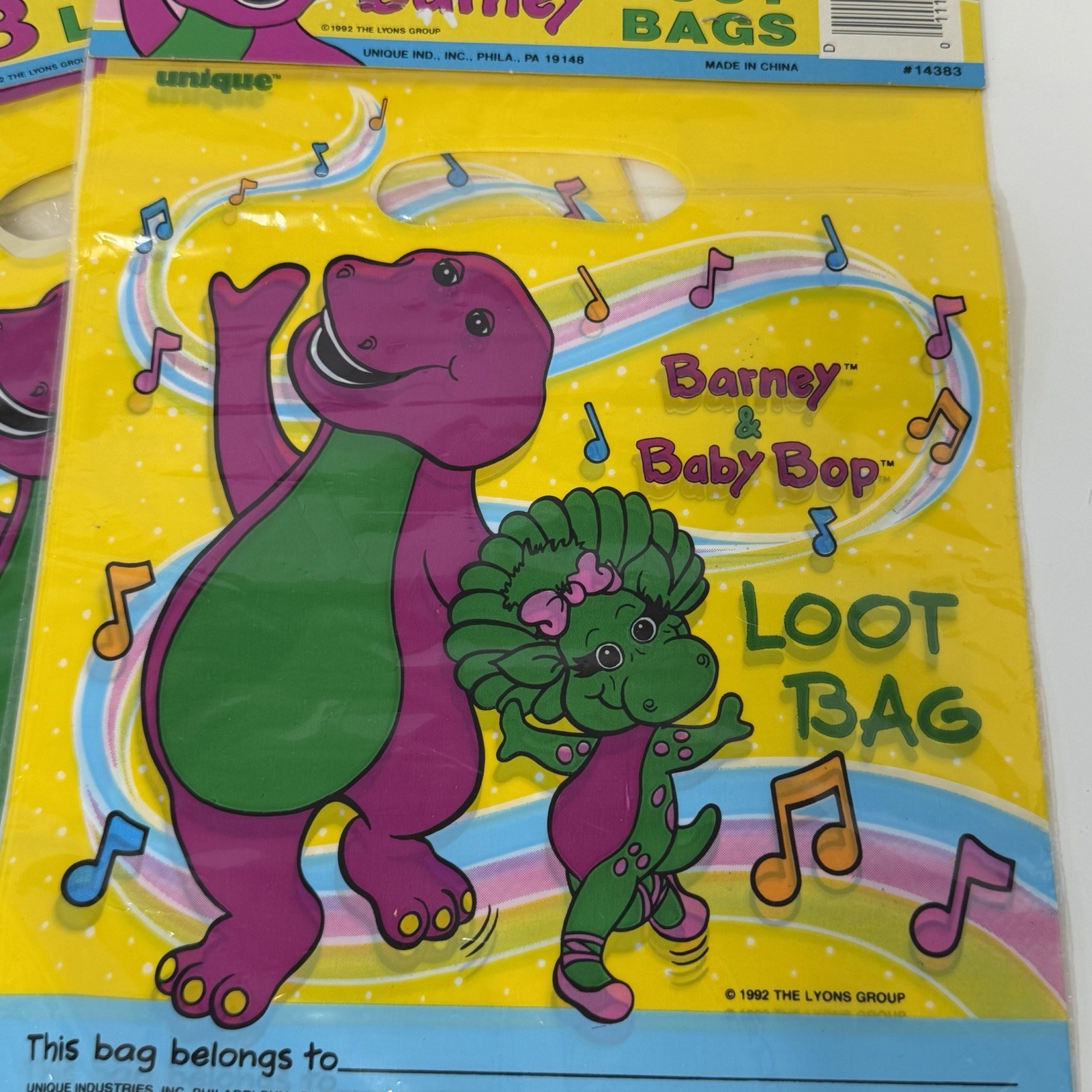 Barney Loot Favor Treat Birthday Party Bags 8 Pack x2 Baby Bop 1992 Retro NEW!