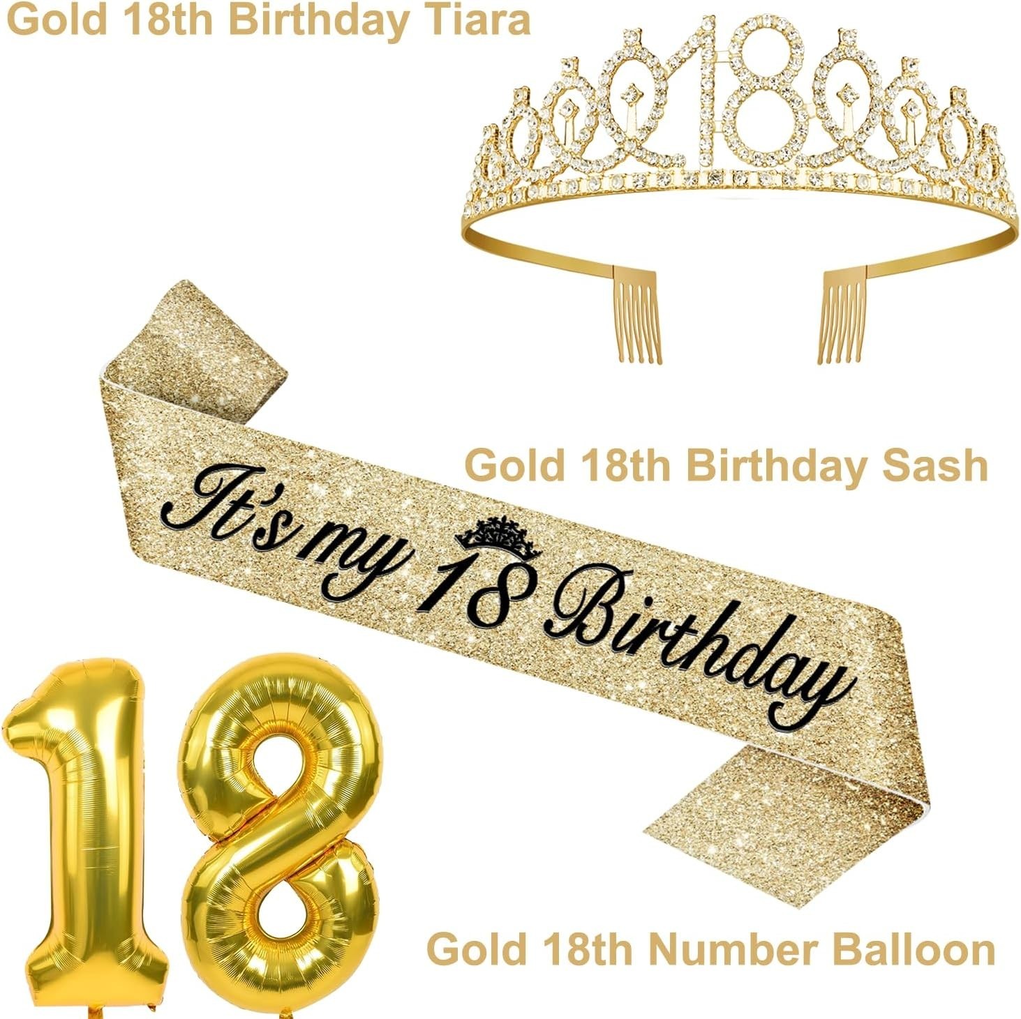 18th Birthday Decorations for Girls Gold with 18th Birthday Tiara and Sash, C…