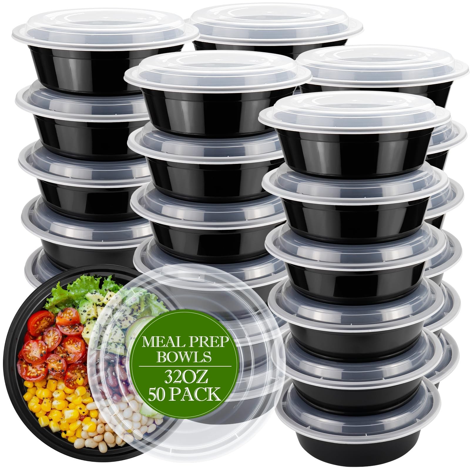 Meal Prep Containers Reusable 32oz – Meal Prep Bowls with Lids 50 Pack, Round Fo