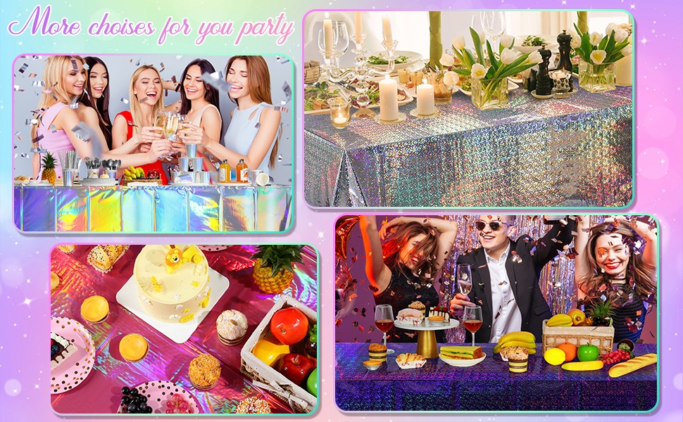 4 Pack Iridescent Plastic Tablecloths, Shiny Disposable Laser Rectangle Table