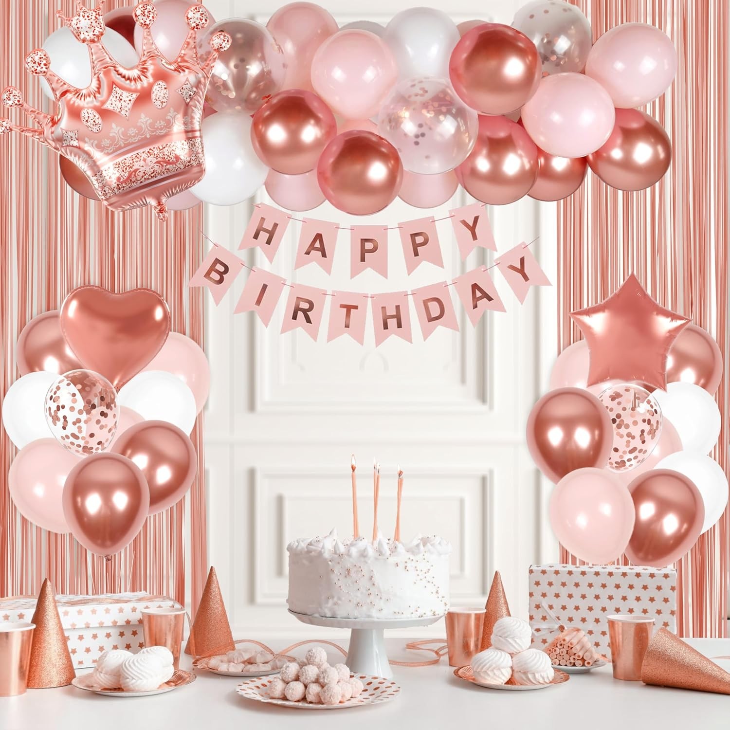Rose Gold Happy Birthday Party Decorations for Women Girls, Happy Birthday Ba…