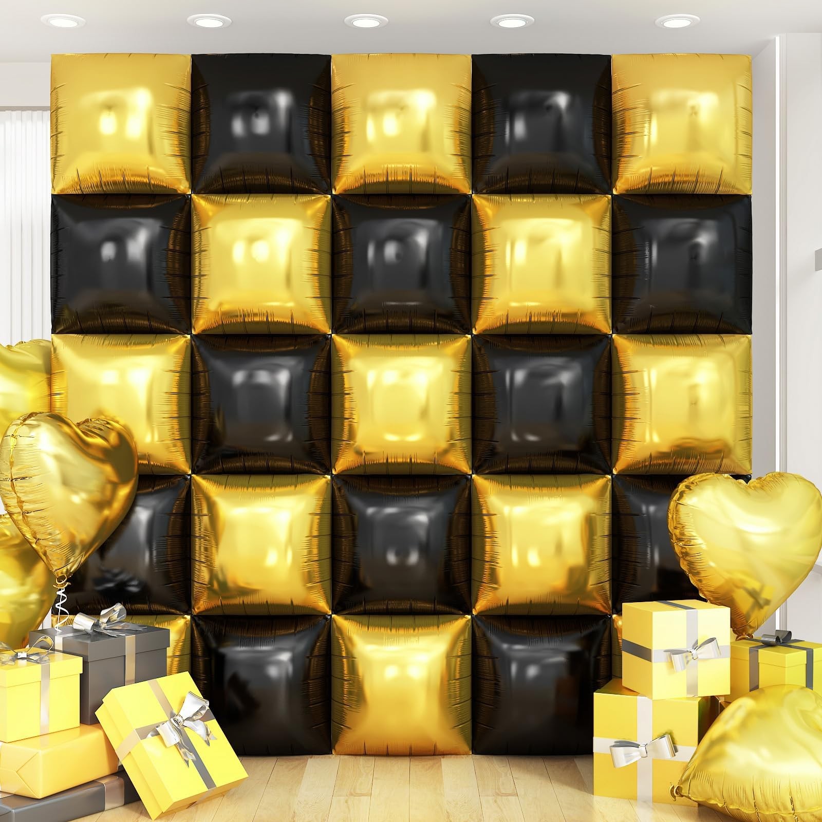 Black Gold Square Foil Balloon Wall,25Pcs Double Sided Balloon Backdrop Heliu…