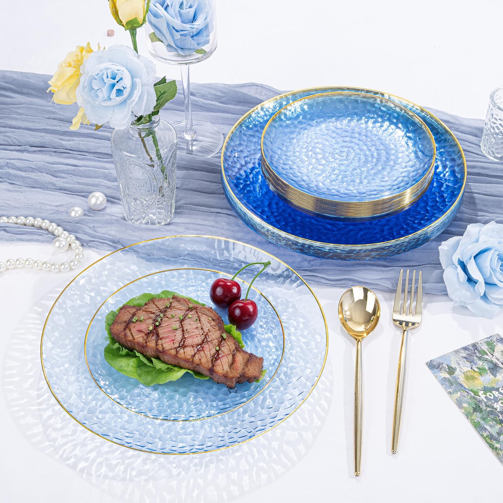 SUT 36Pcs Blue Plastic Plates Hammered Heavy Duty Disposable Plates Blue Gold Ri
