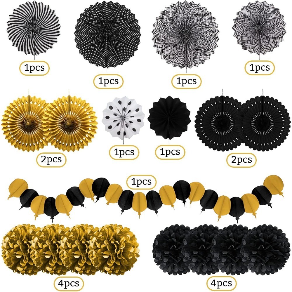 Black and Gold Decorations, Paper Pompoms Fan for Graduation Birthday Wedding