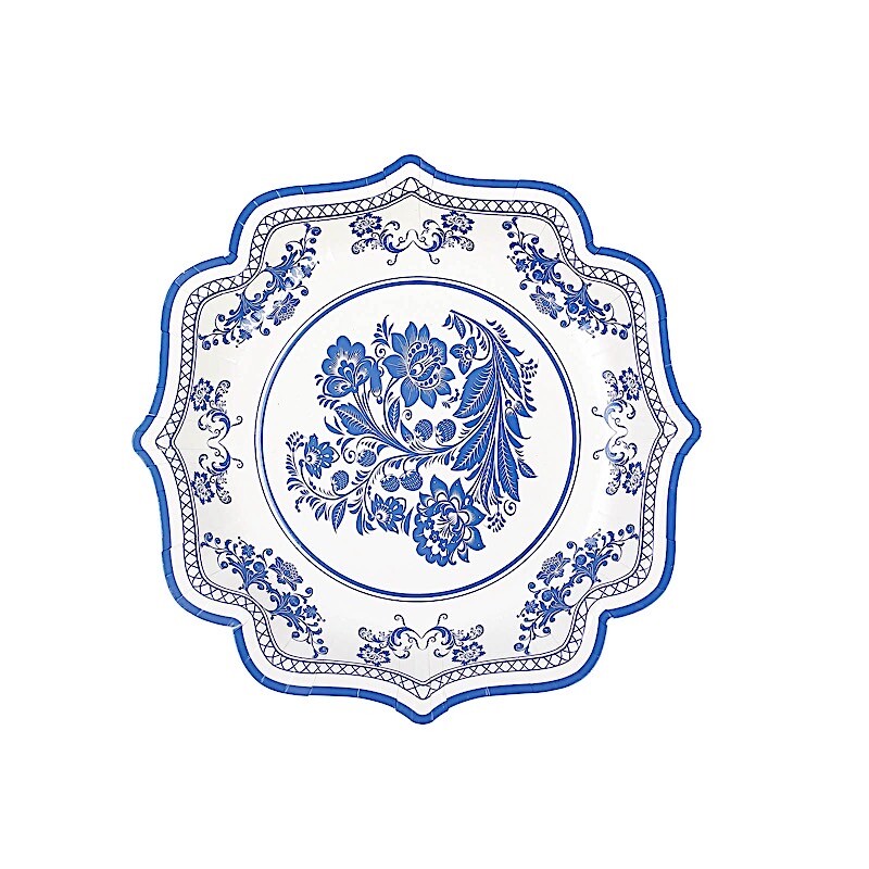 25 White Blue 8 in Floral Disposable Dessert Paper PLATES Scallop Trim Party