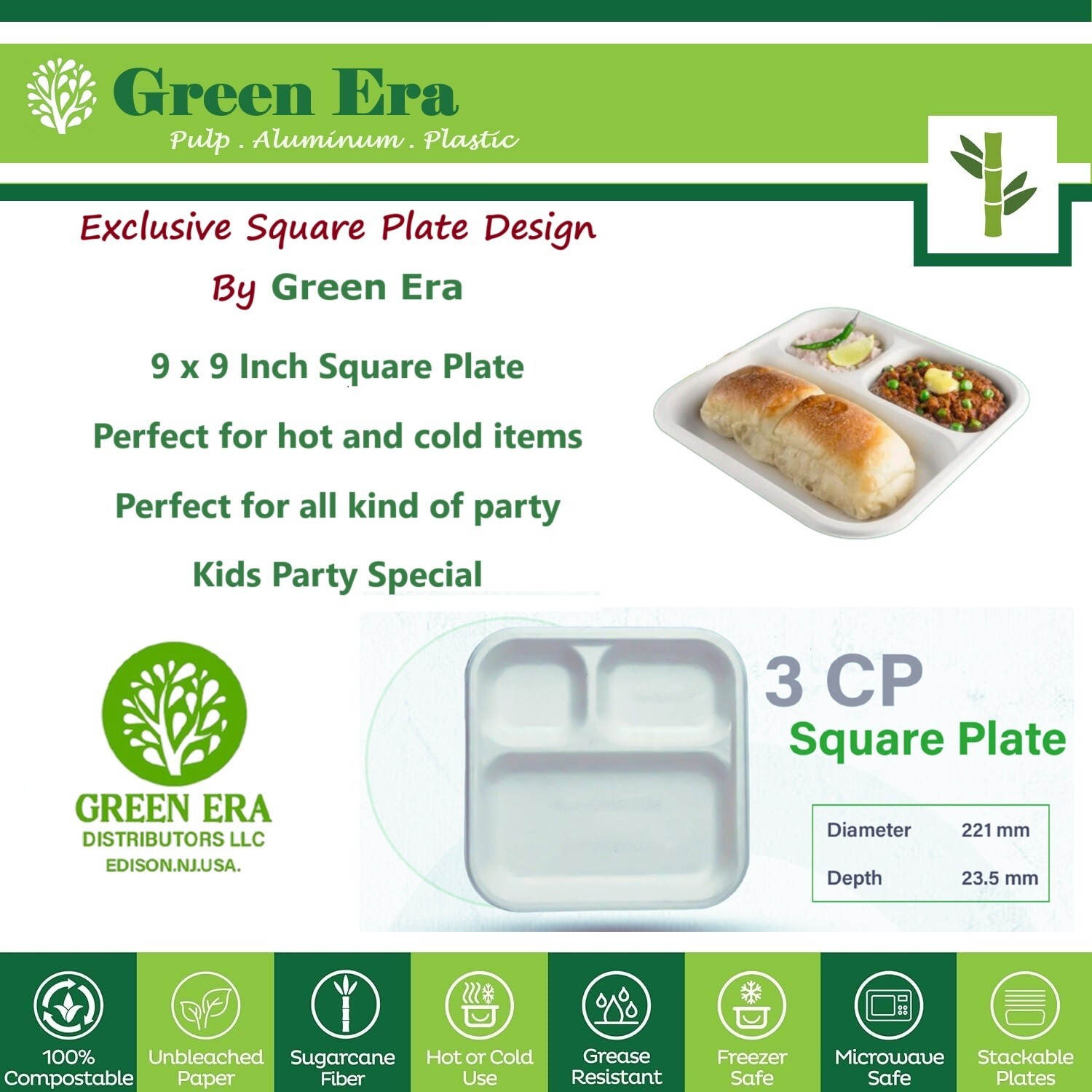 9″ Disposable 100 Meal Plates With 3 Compartment Compact for All Occasion Party