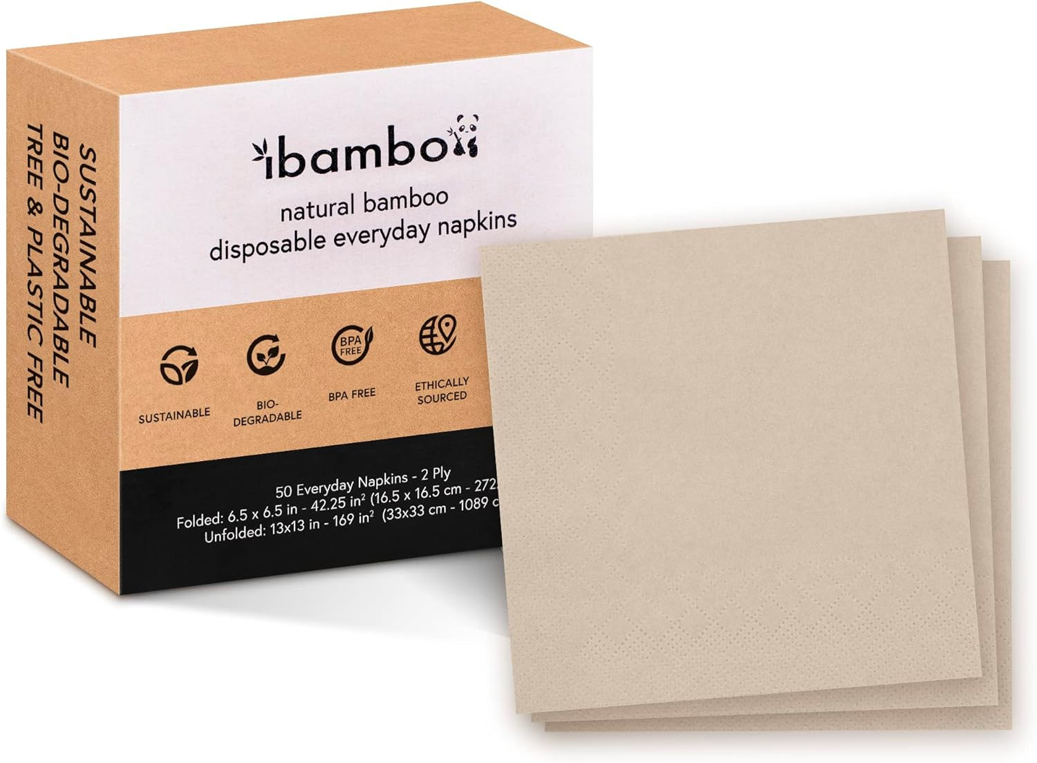 50 Pack 100% Bamboo Everyday Napkins – 2-Ply FSC 50 Napkins, Light Brown