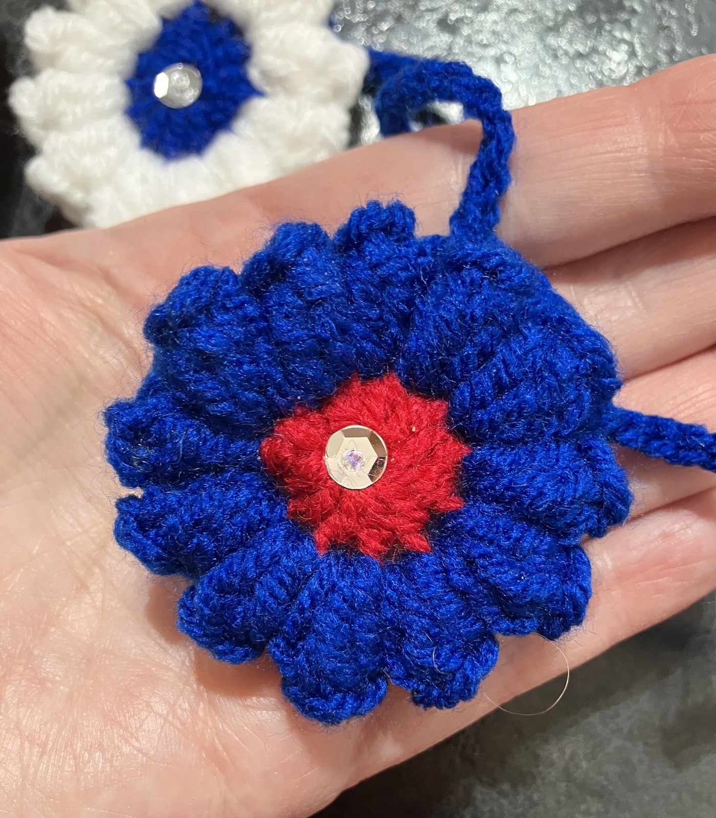 🇬🇧 NEW Hand Crochet red white blue Flowers VE Day patriotic 46” Bunting Gift