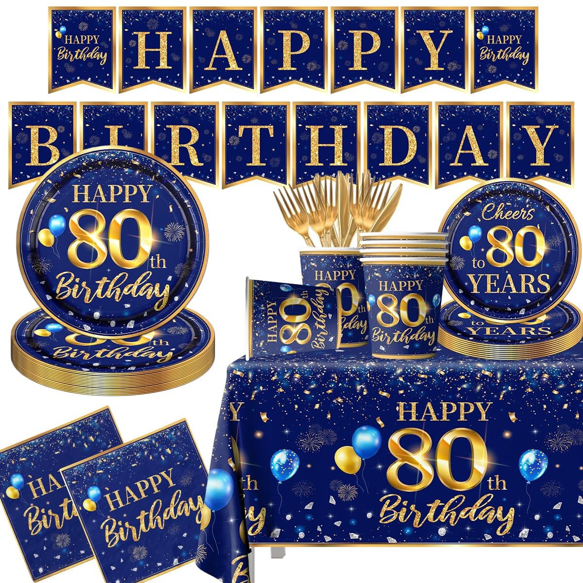 80th Birthday Decoration Men-142pcs Navy Blue and Gold Birthday Tableware Set…
