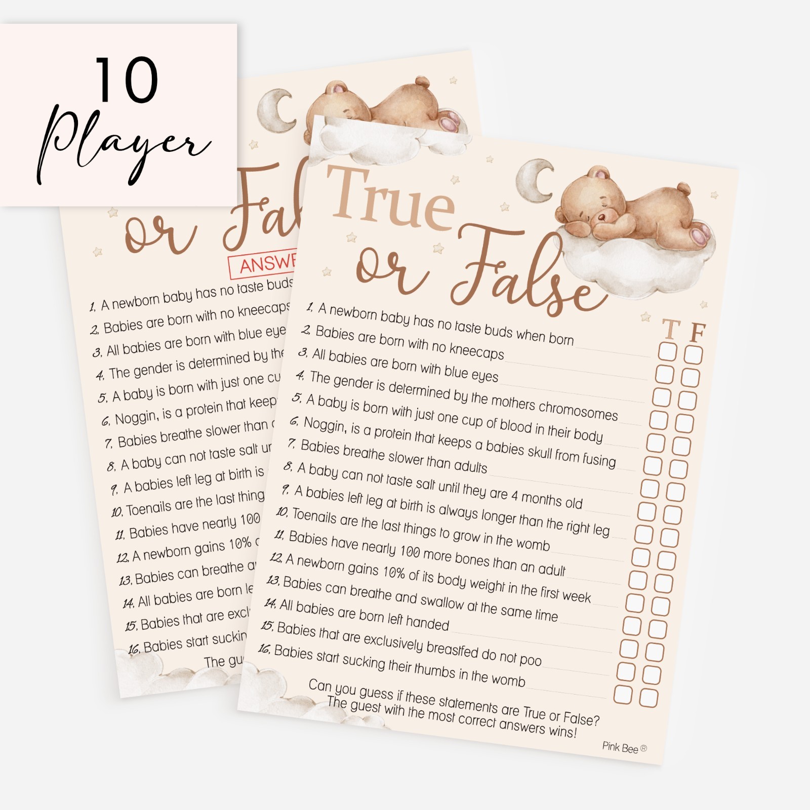 Baby Shower Game – Teddy Theme -True or False, Unisex, Neutral, Fun, Cream, Cute