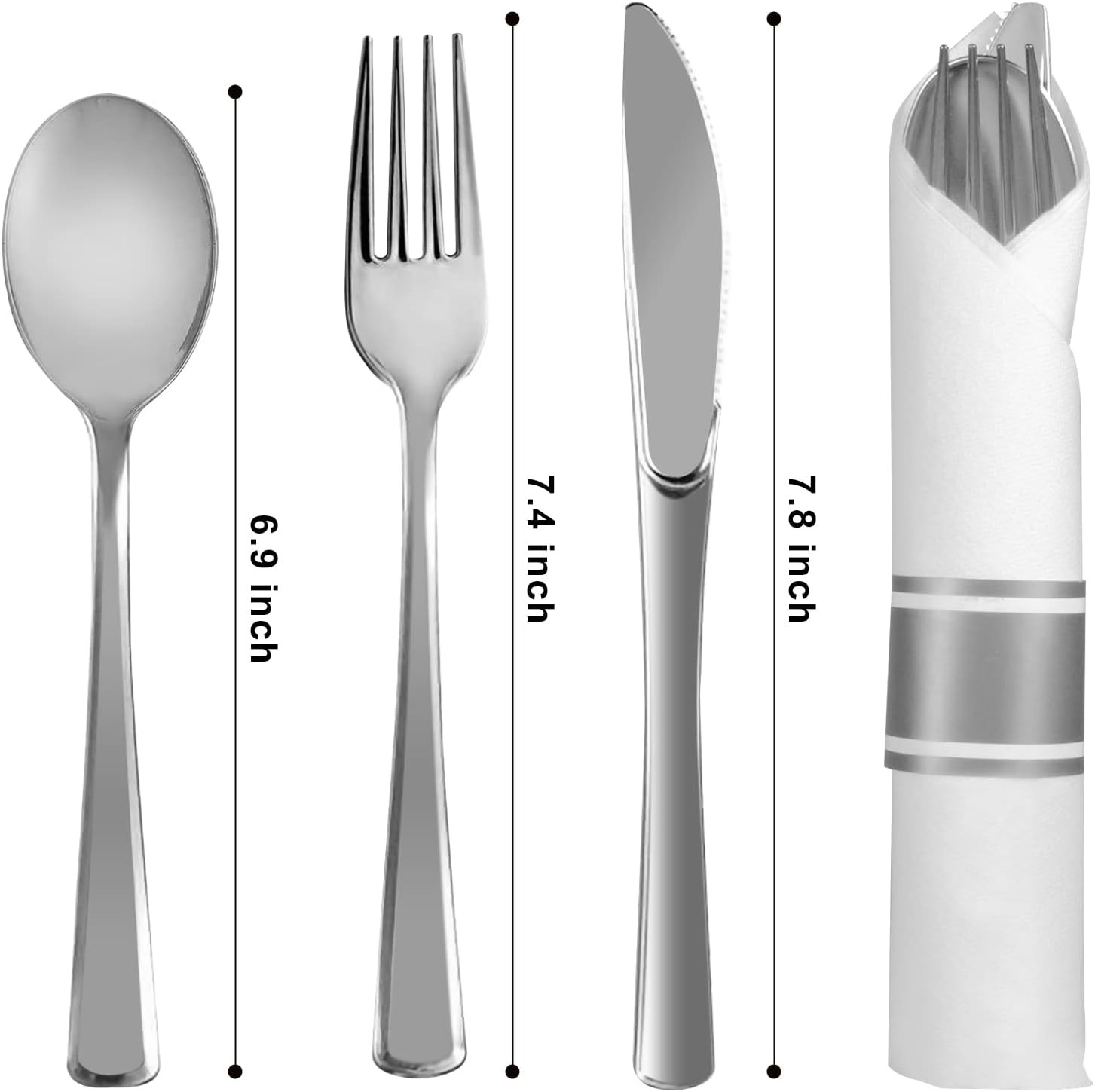 100 Pack Pre Rolled Silver Plastic Silverware Set, Disposable Wrapped Cutlery…