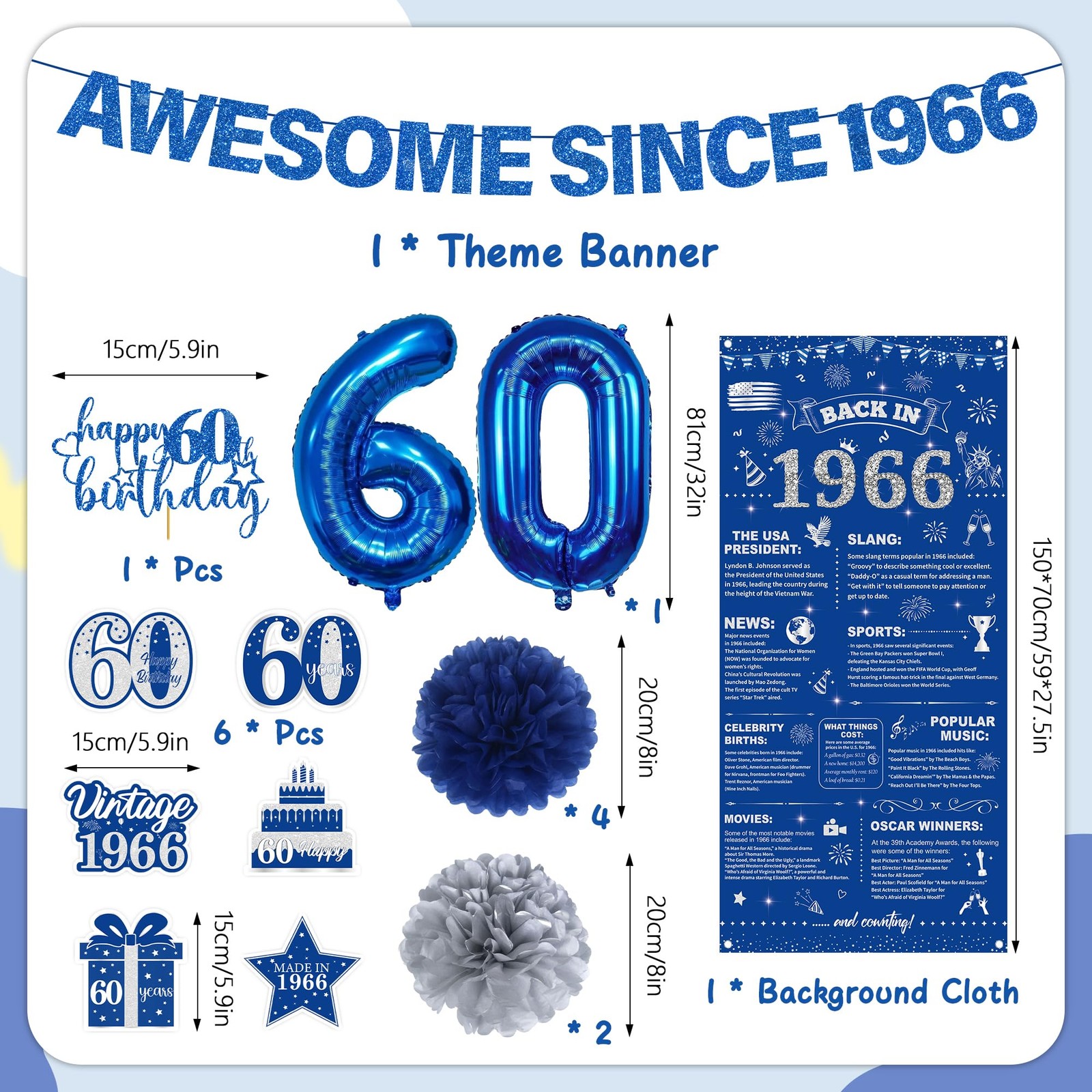 60th Birthday Decorations Men Banner – 17 Pcs Blue Glitter Back In 1966 Birth…