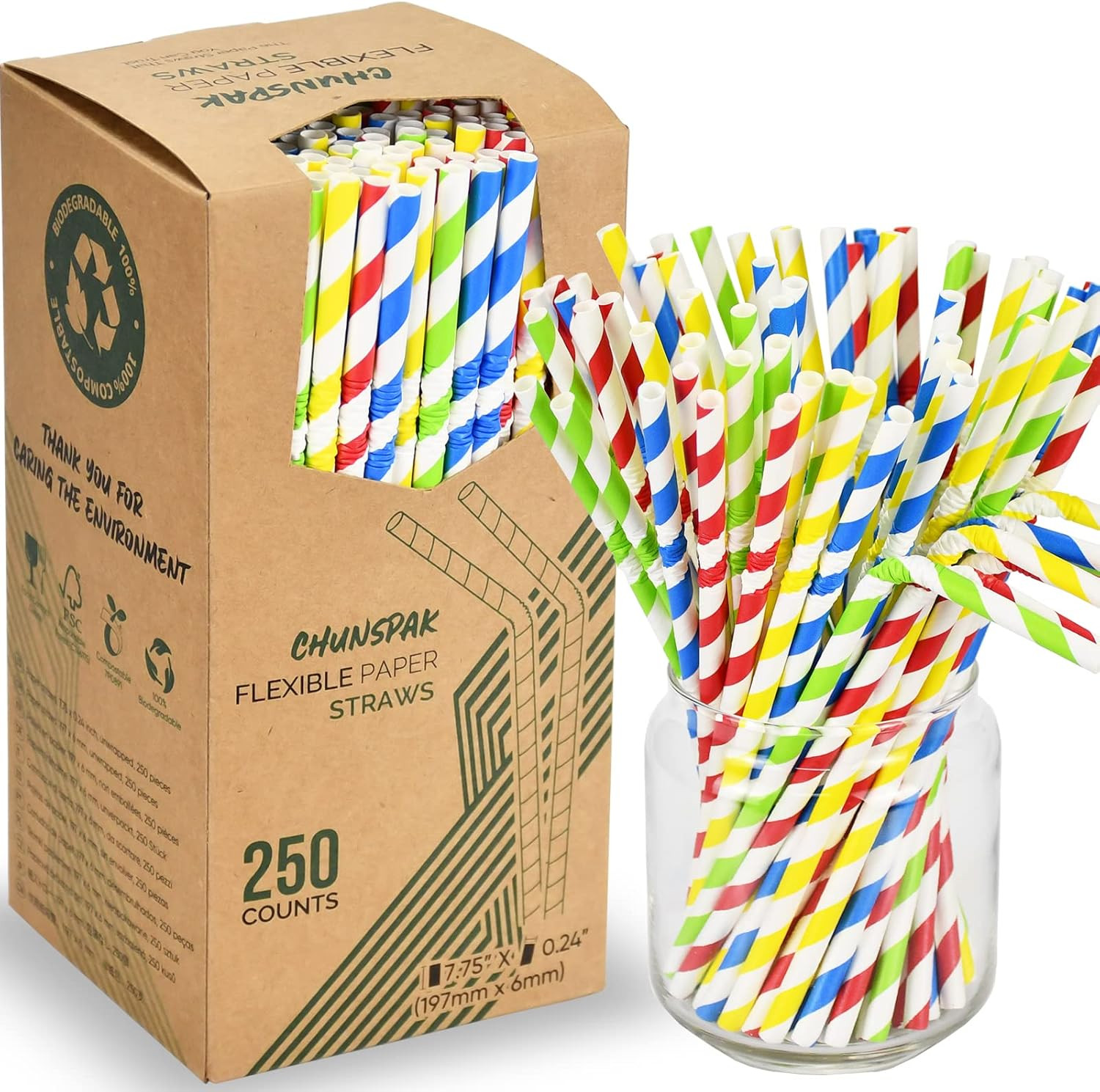 Flexible Paper Drinking Straws,250Count,7.75″Long0.24″Diameter-100%Biodegradable