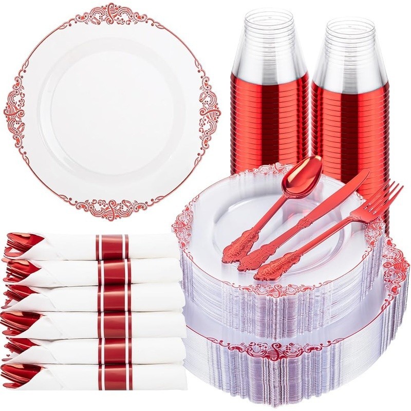 Disposable Plastic Plates Sturdy Red Dinnerware Set Parties Events Gatherings US