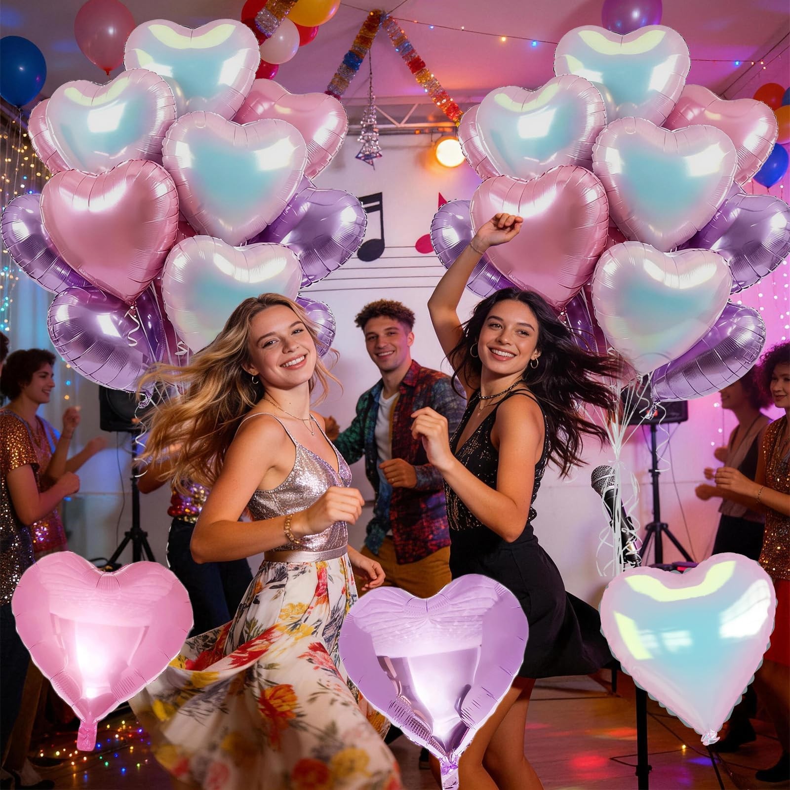 Pink Purple Iridescent Heart Balloons, 12 Pcs Light Pastel Pink Lavender and .