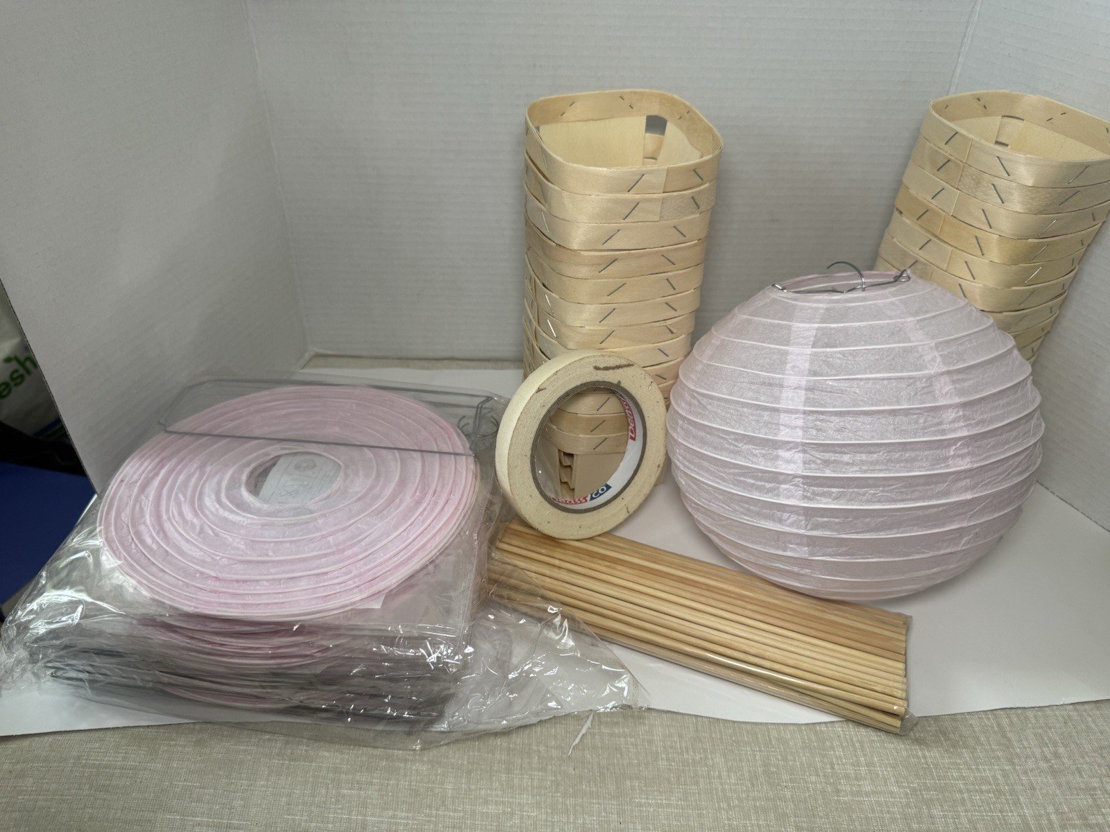 Pink Beige Paper Party Lanterns with Wooden Baskets Set, Solid Plain Decoration