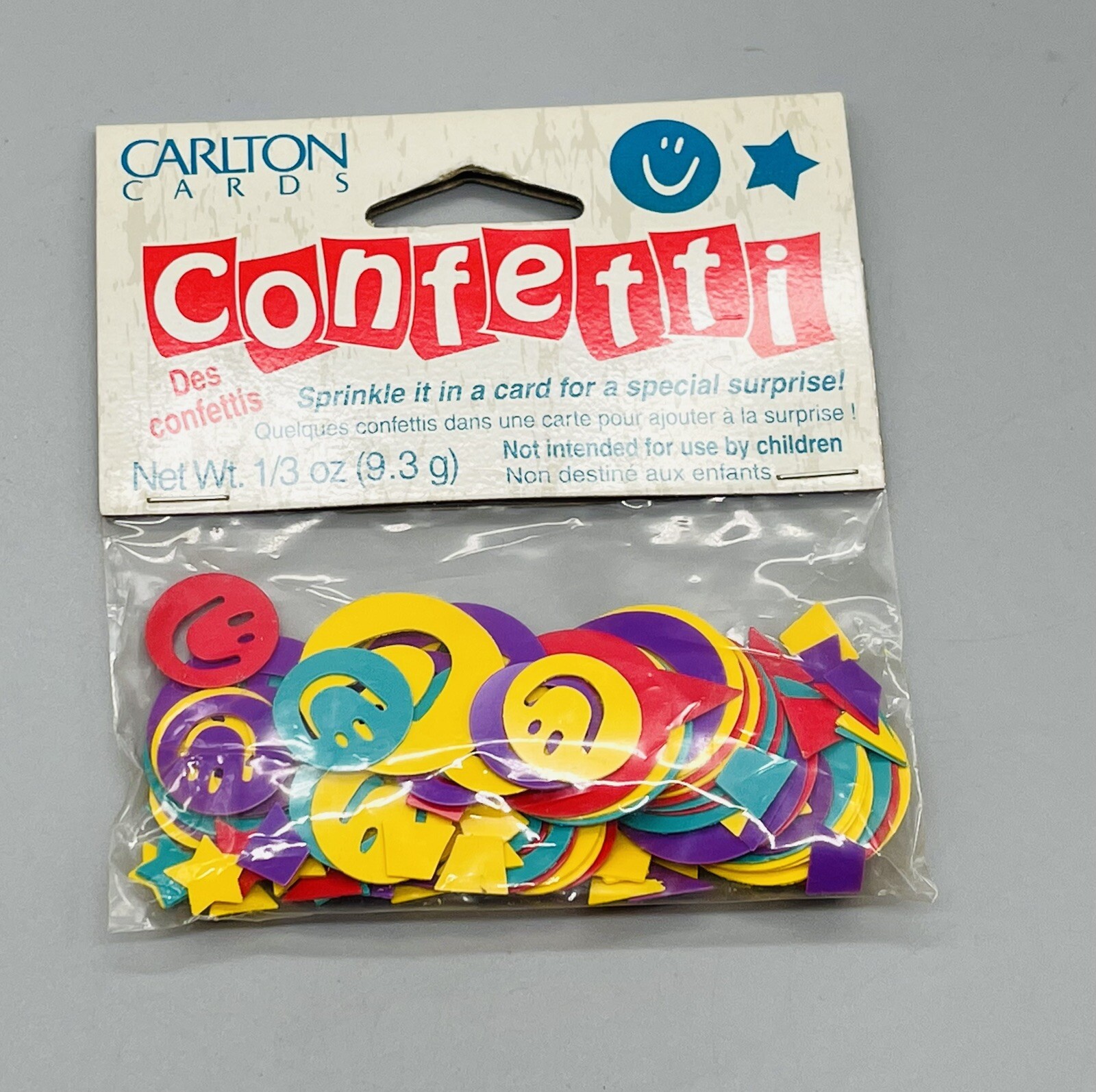 Vintage Carlton Cards Smiley Face Shaped Confetti 1/3 oz bag Multi Color Rainbow