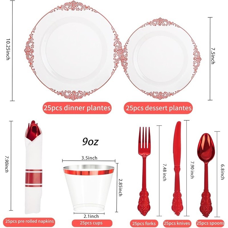 Disposable Plastic Plates Sturdy Red Dinnerware Set Parties Events Gatherings US