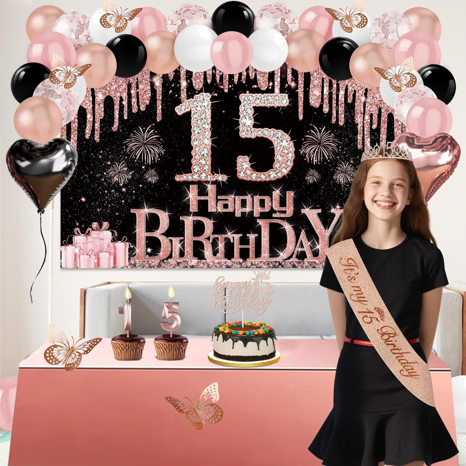 15th Birthday Decorations for Girls, 49pcs Black Rose Gold Black Banner, Tabl…